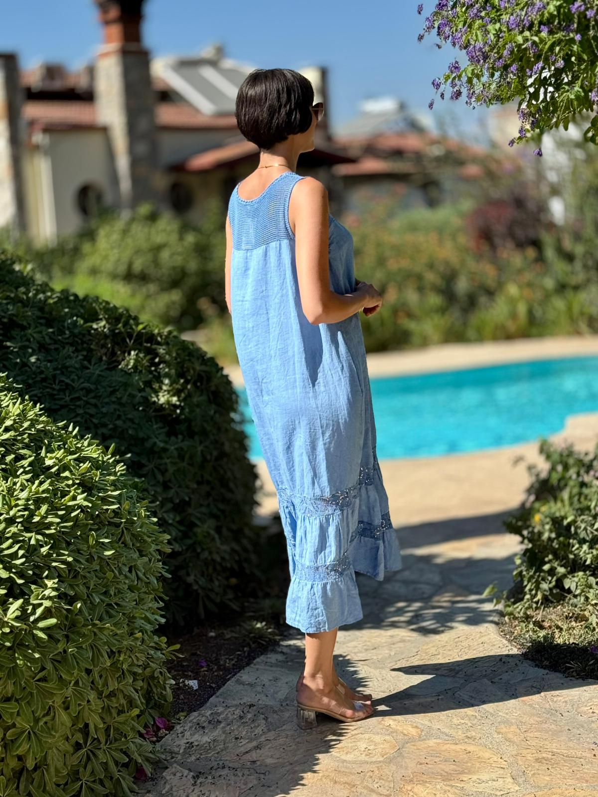 NC61340 İtalyan Fileli Askılı Keten Elbise Mavi