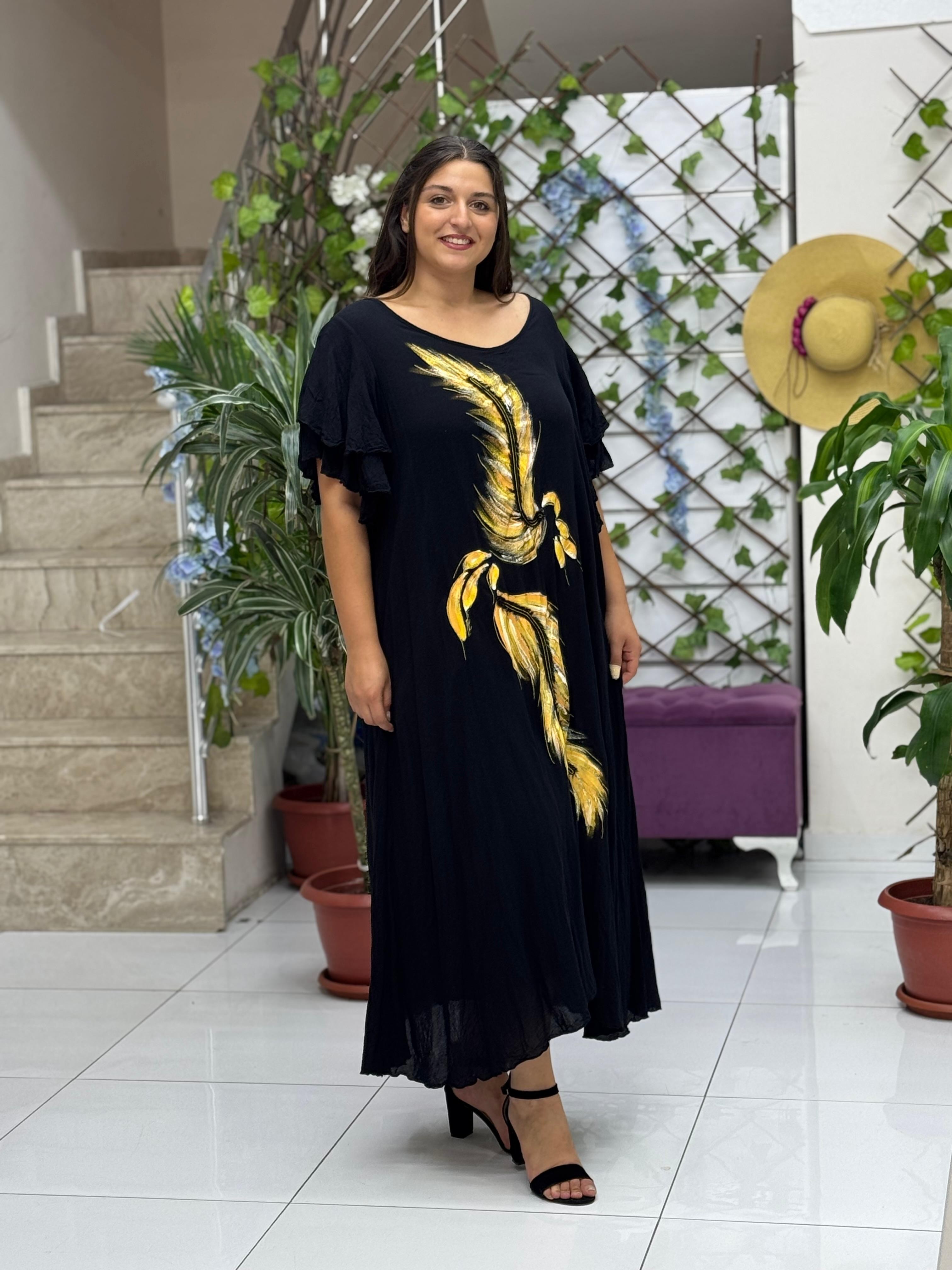 VL9636 Tüy Baskılı Yarım Kol Vual Elbise Siyah