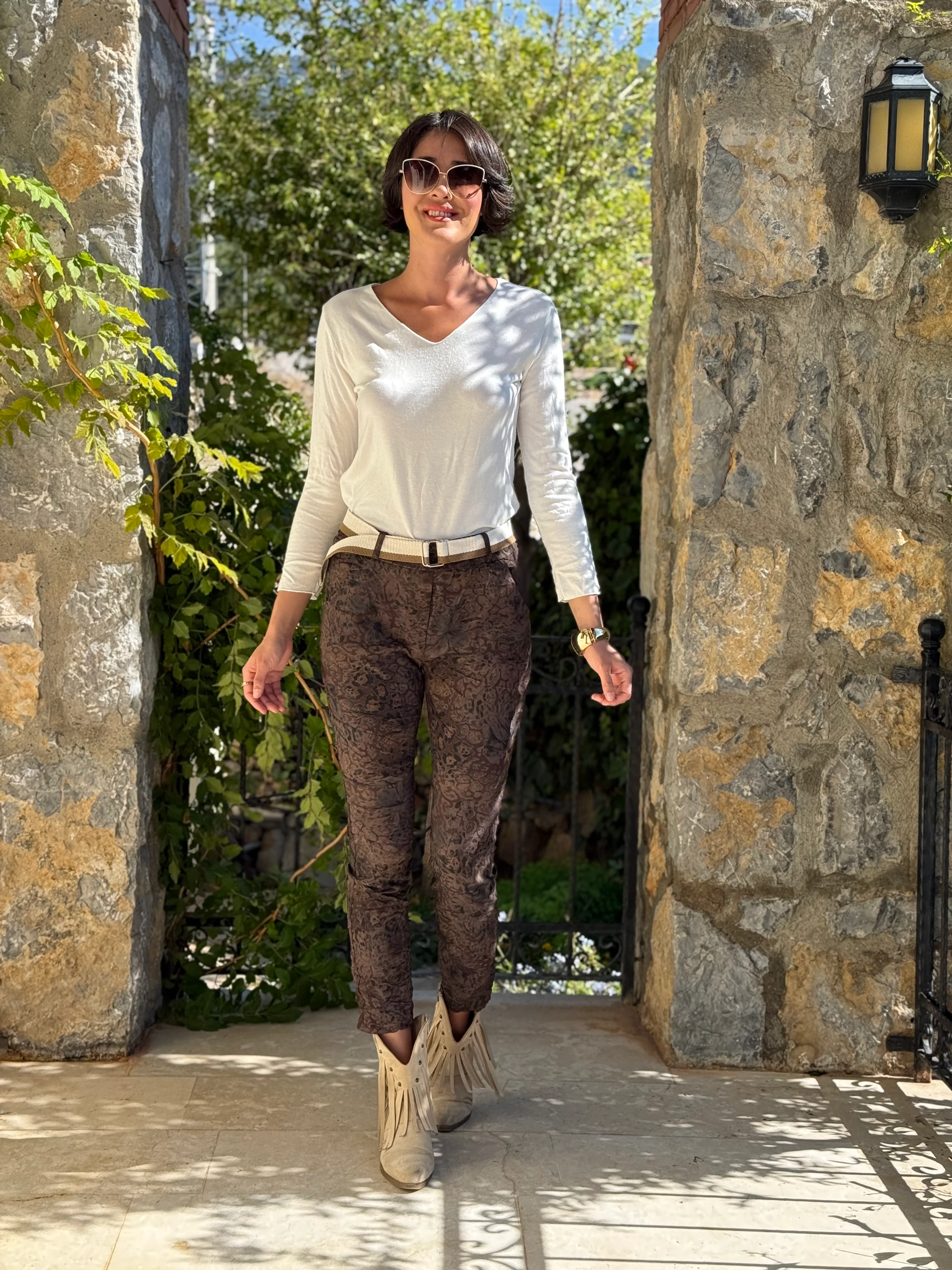 NC21980 italyan Likralı Çiçek ve Leopar desenli Pantolon Kahve