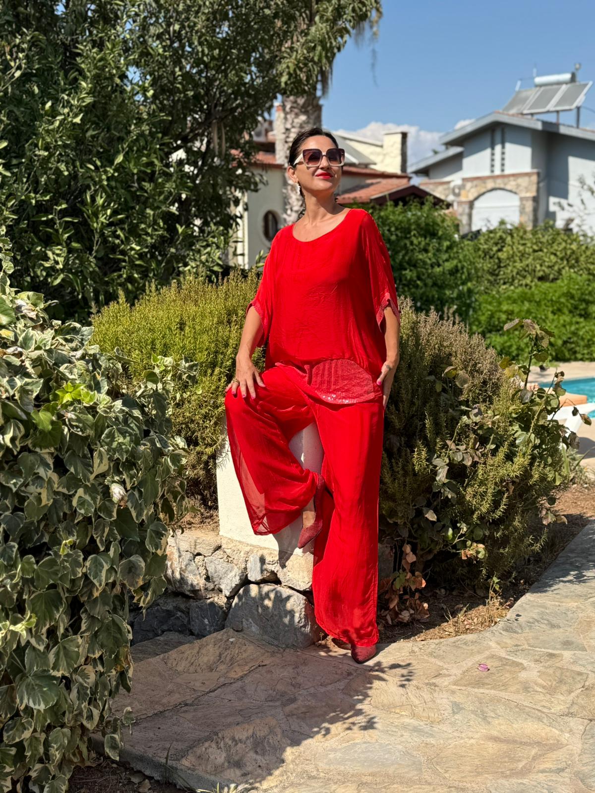 P3009 Traje italiano de seda con lentejuelas Rojo
