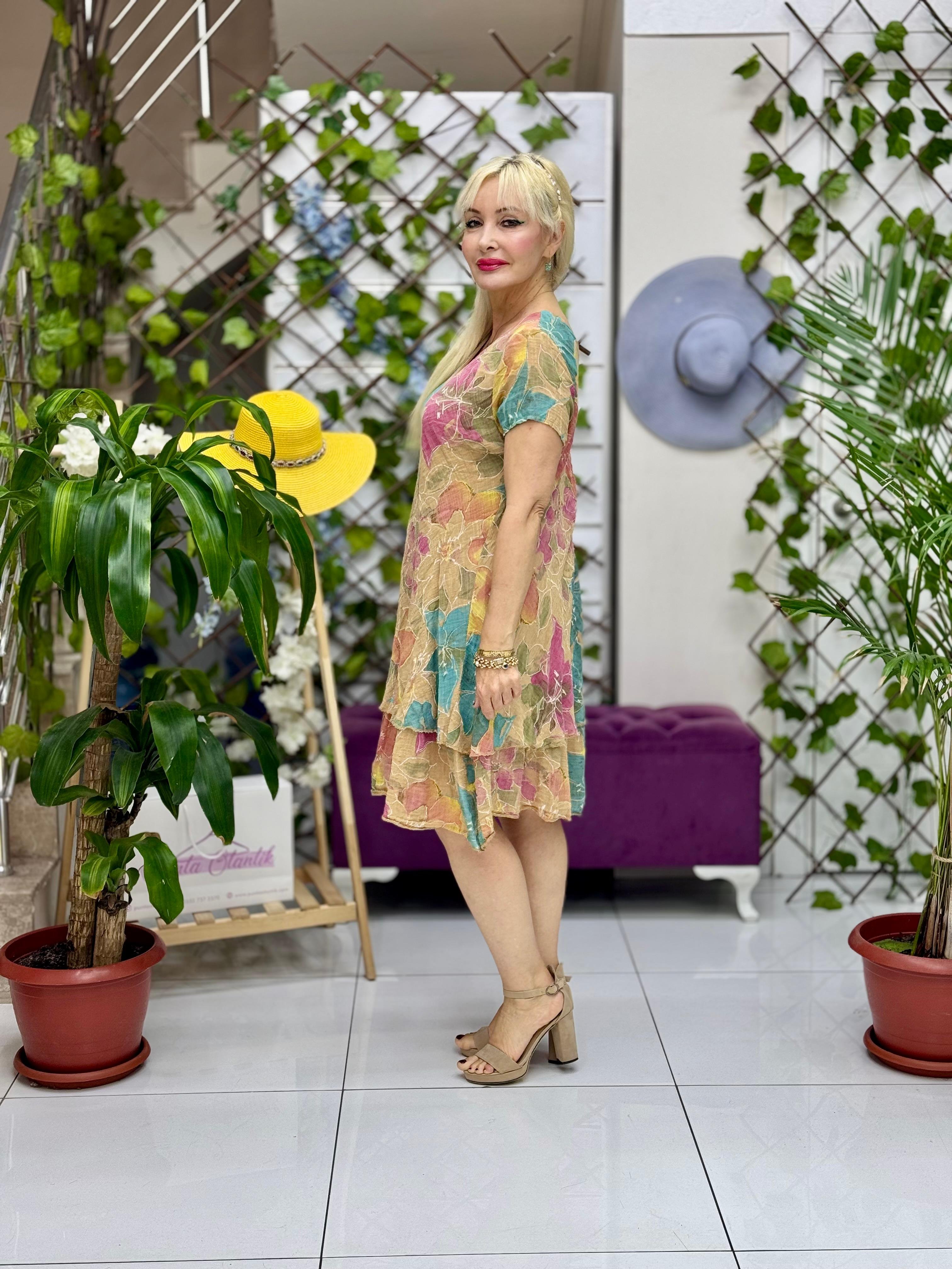 N5012-26 Vestido Italiano Manga Corta Algodón Lino Azul