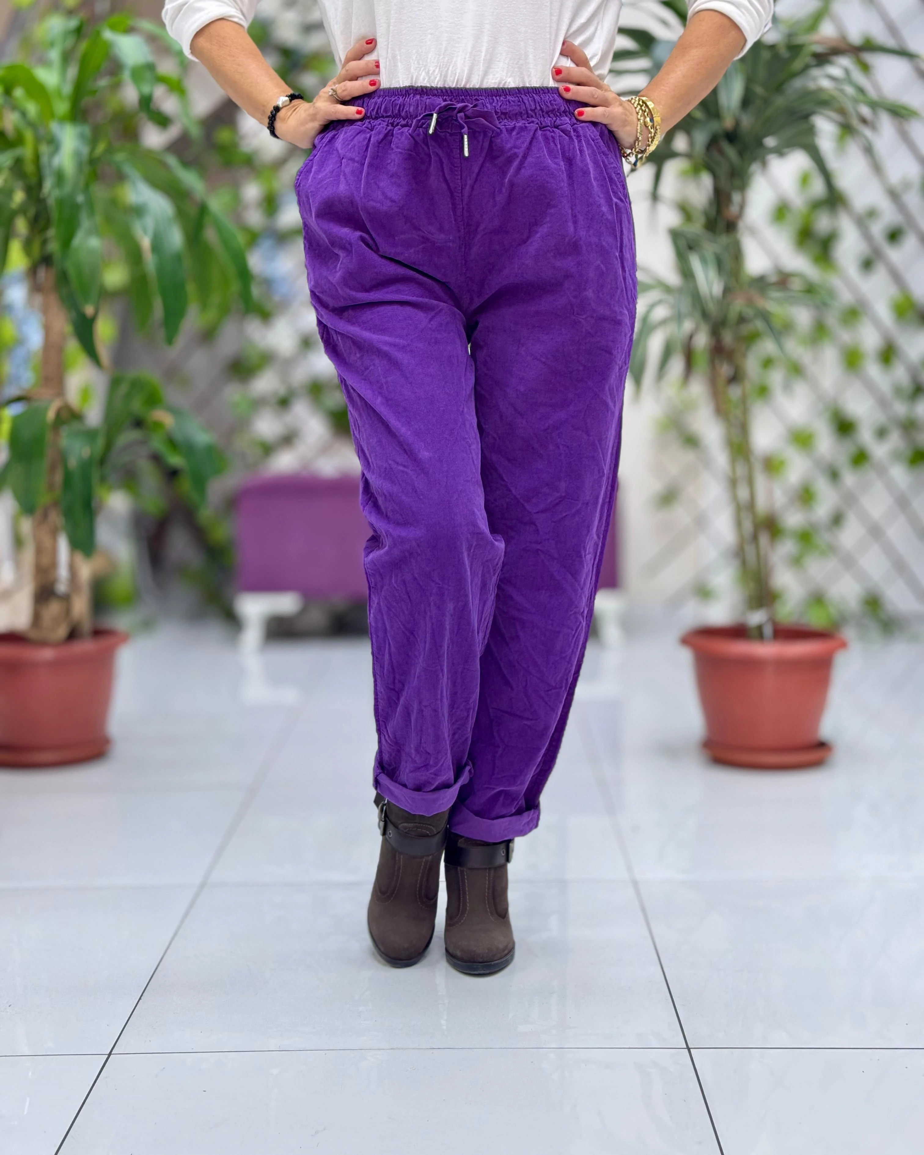 YG3005 Beli Bağcıklı İtalyan Kadife Pantolon Mor