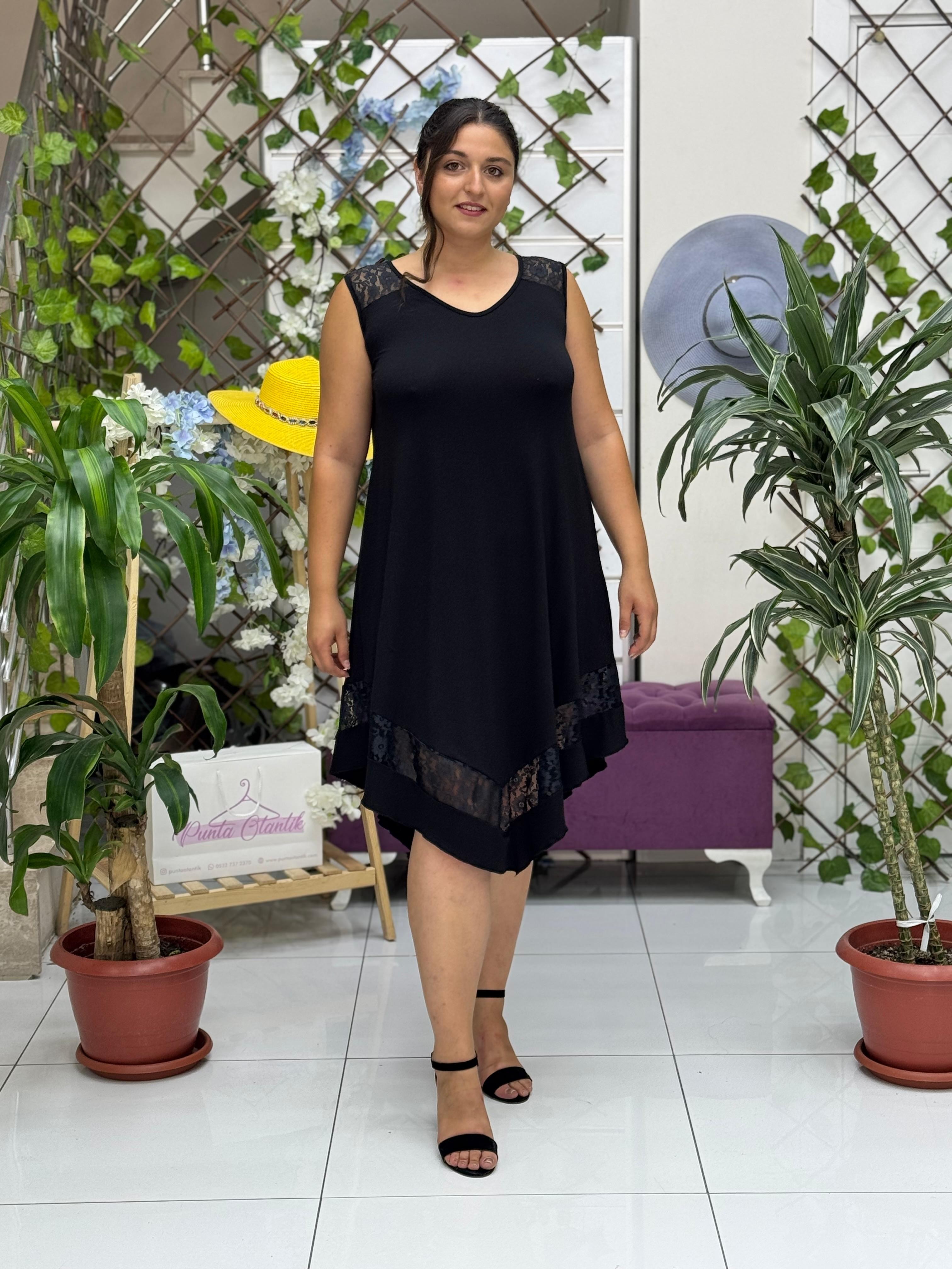 TS1009 Dantelli Askılı Turlu Viskon Elbise Siyah