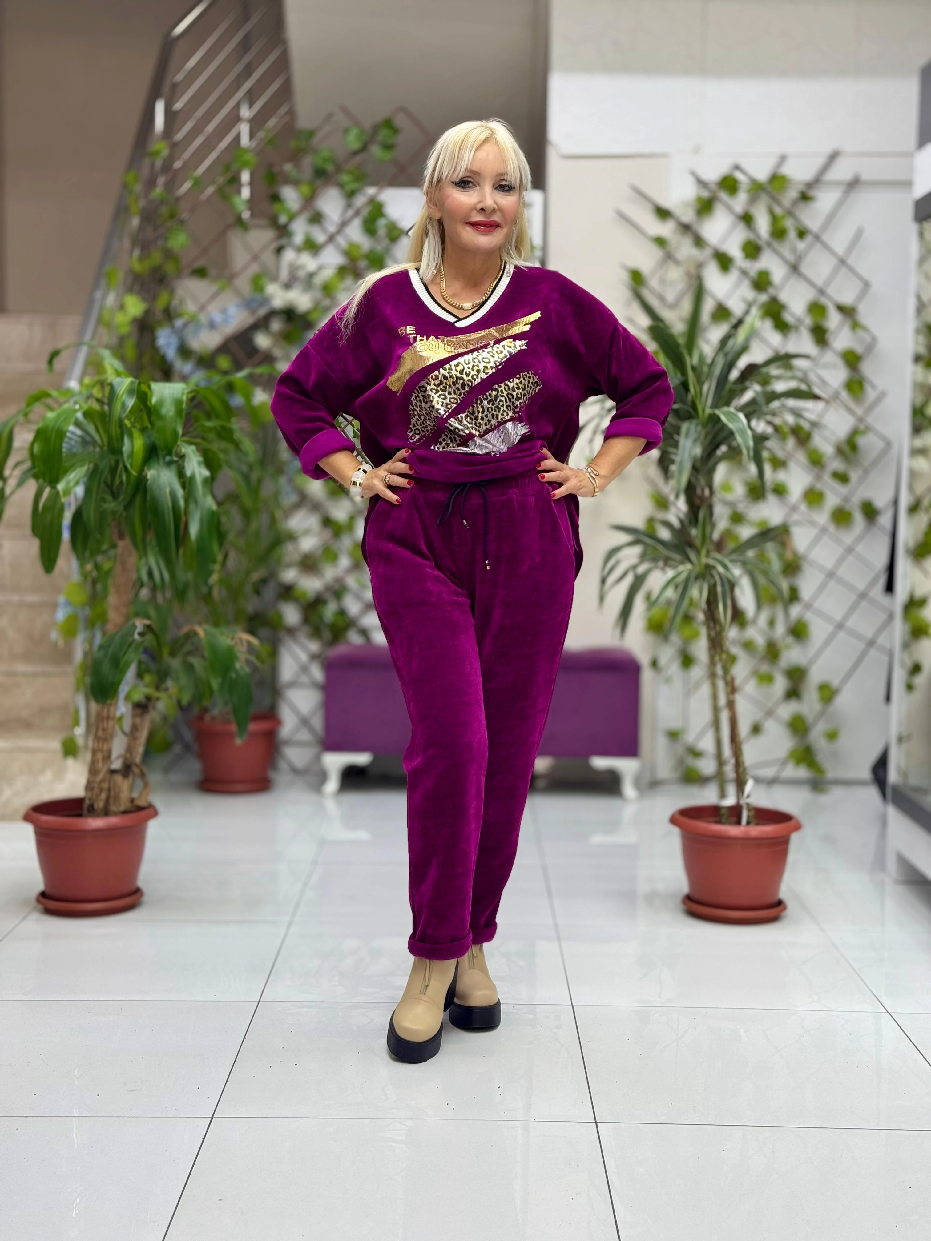 NC24155 Leopar Baskılı İtalyan Kadife Takım Eflatun