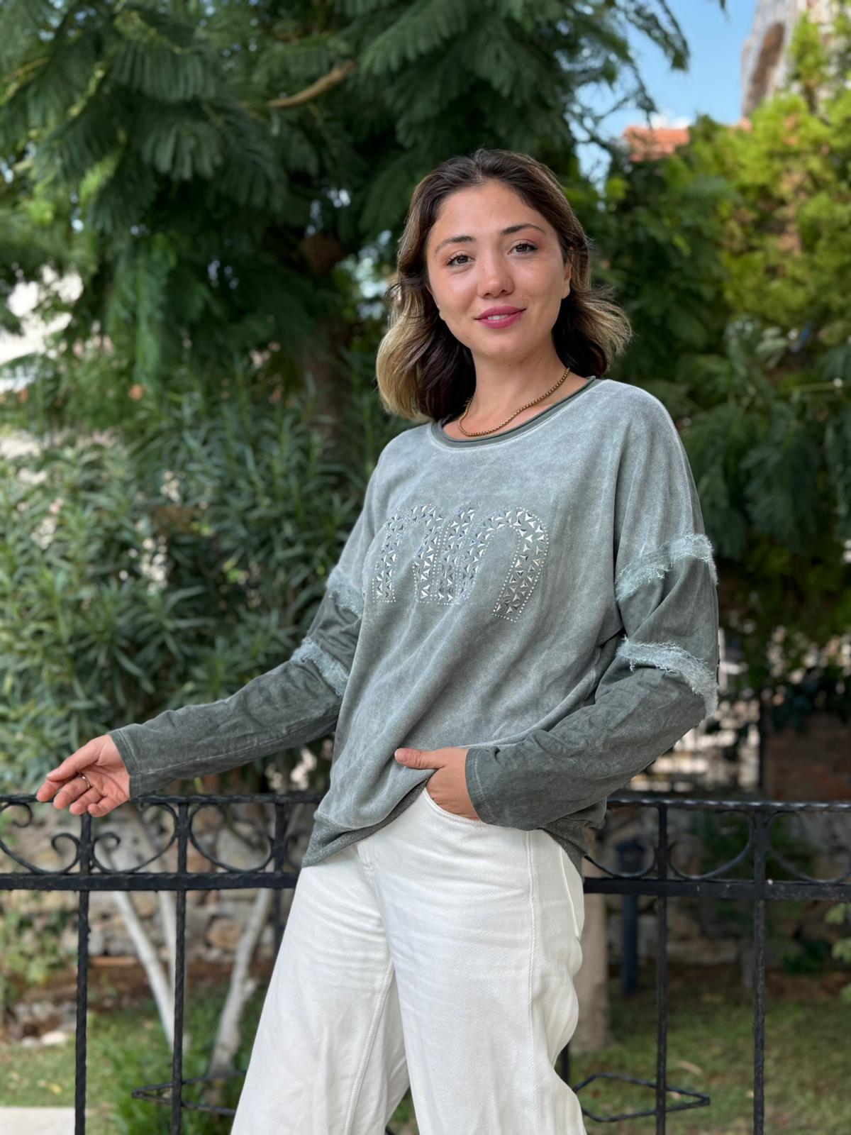 NC53659C İtalyan MIN Taşlı Coton Sweatshirt Haki