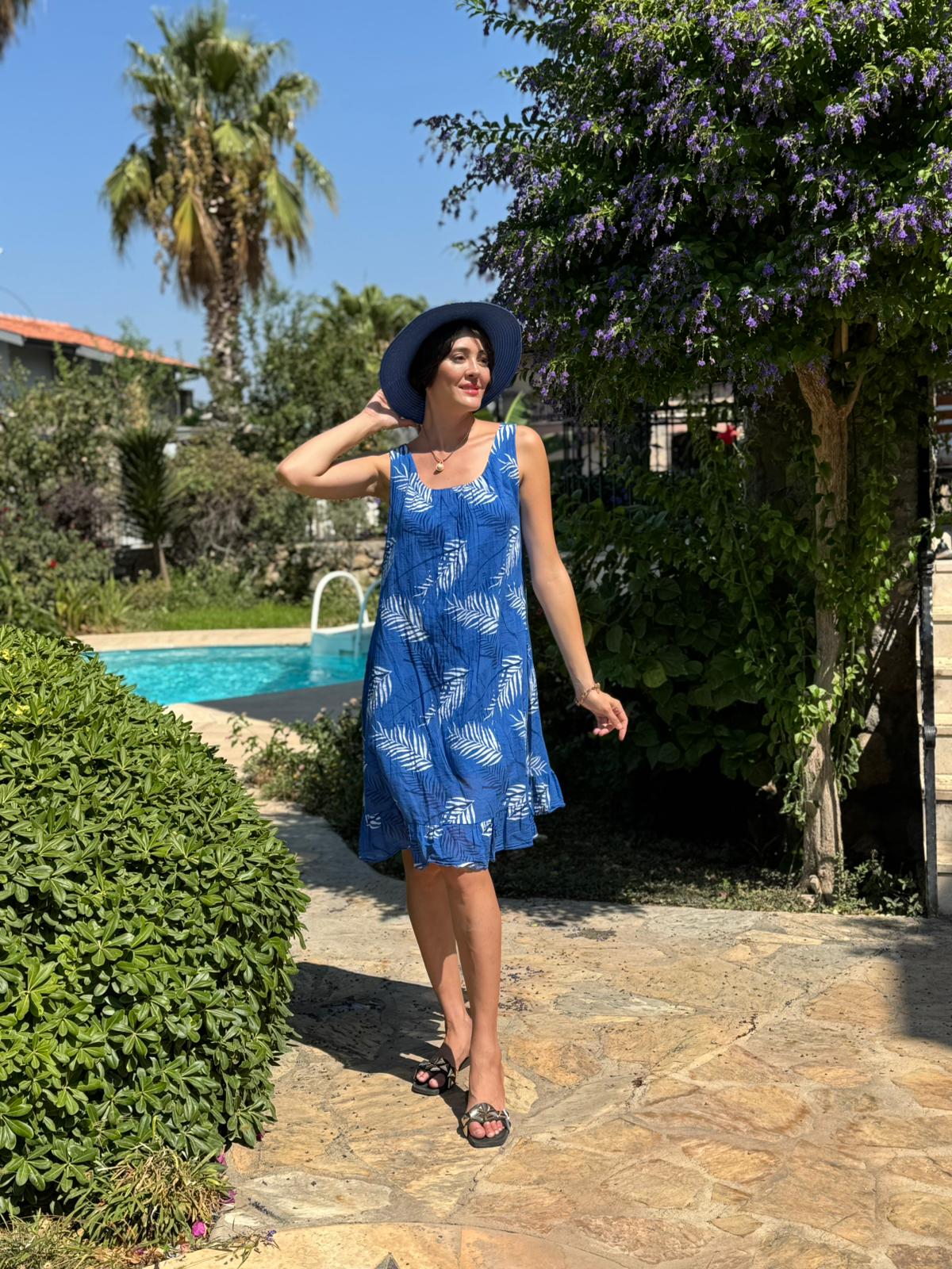 YG205070 İtalyan Yaprak Desen Coton Elbise Saks