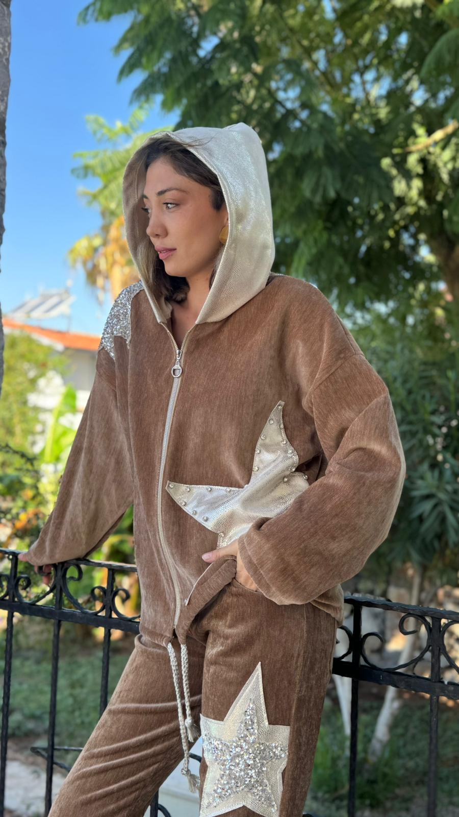 LS12520 İtalyan Yıldız Taşlı Kadife Pantolon Camel