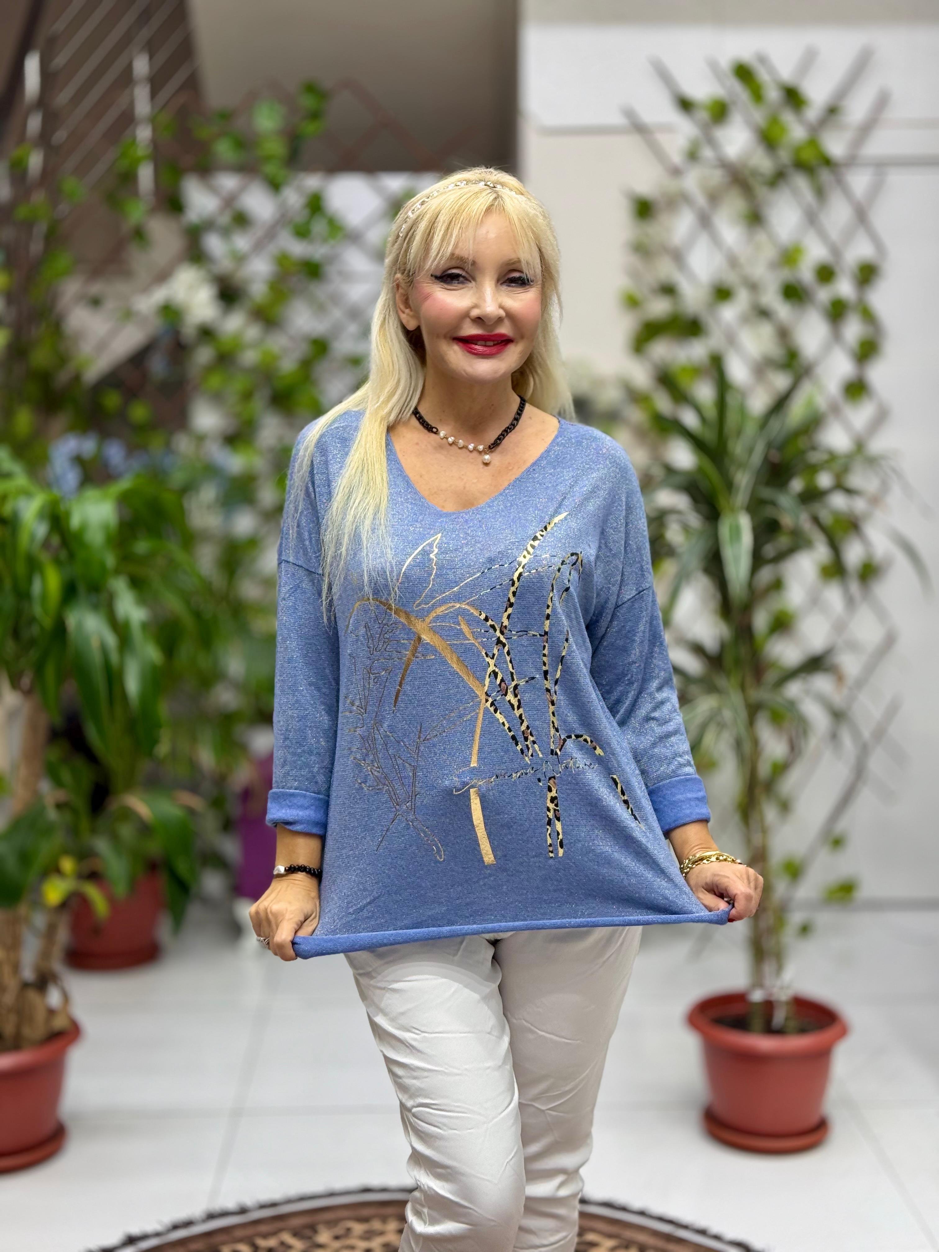 YG11773 Leopar Baskılı İtalyan Triko Bluz Mavi