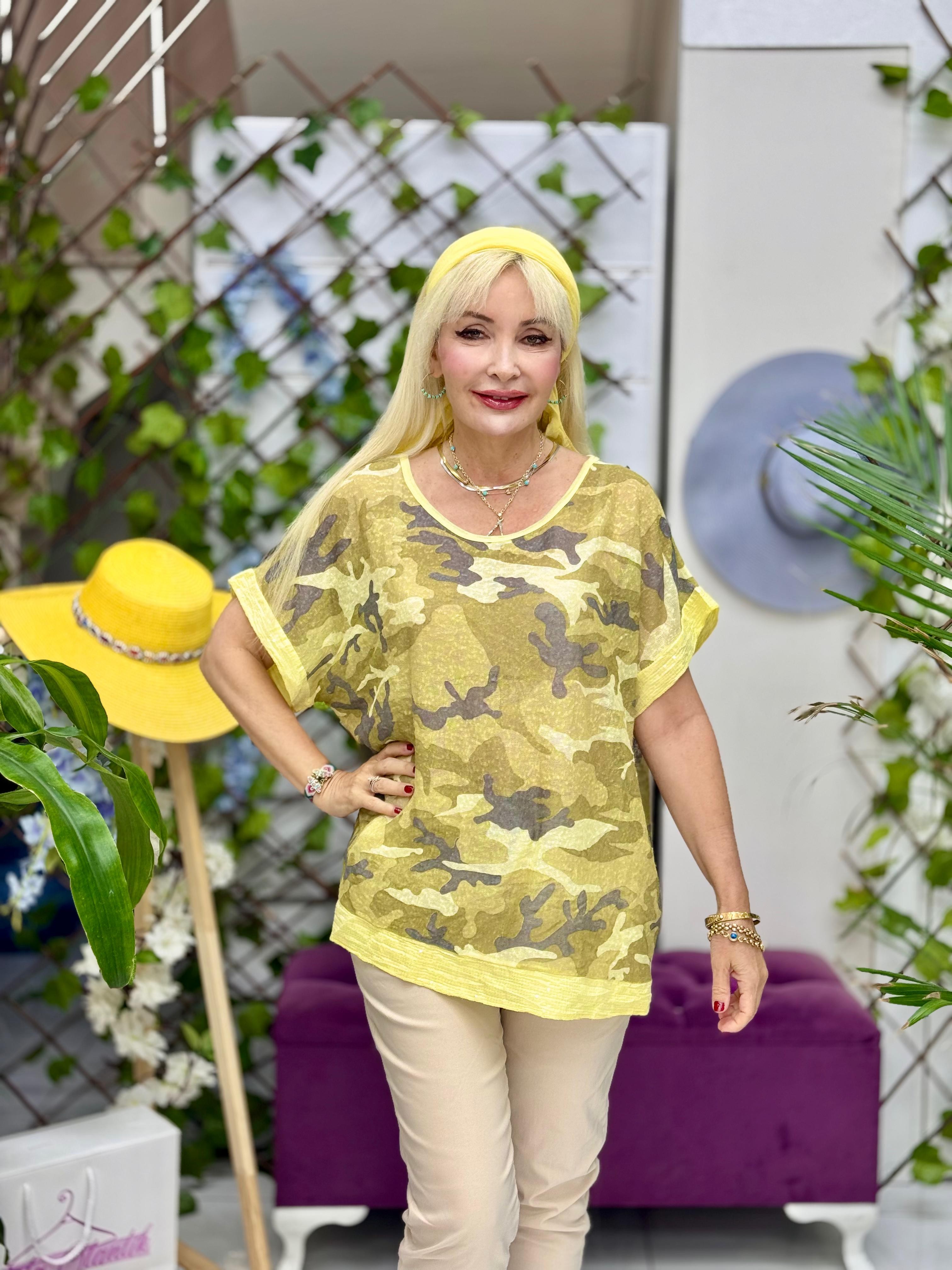 NC8560 İtalyan Kamuflaj Desen Fularlı Coton Bluz Sarı