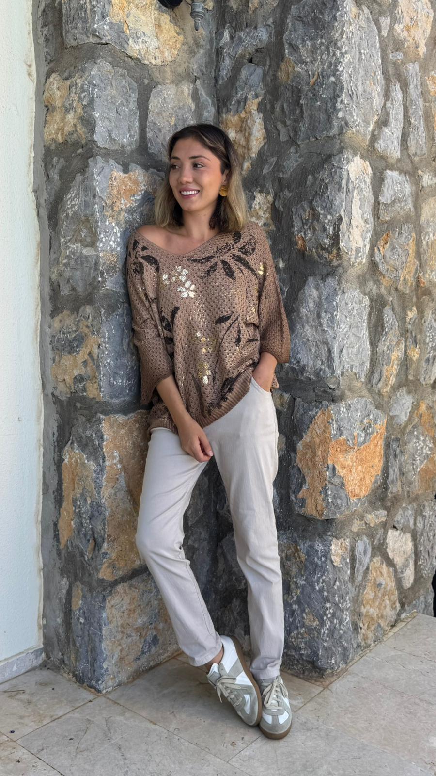 LS7514 İtalyan Yaprak Desen Triko Bluz Camel