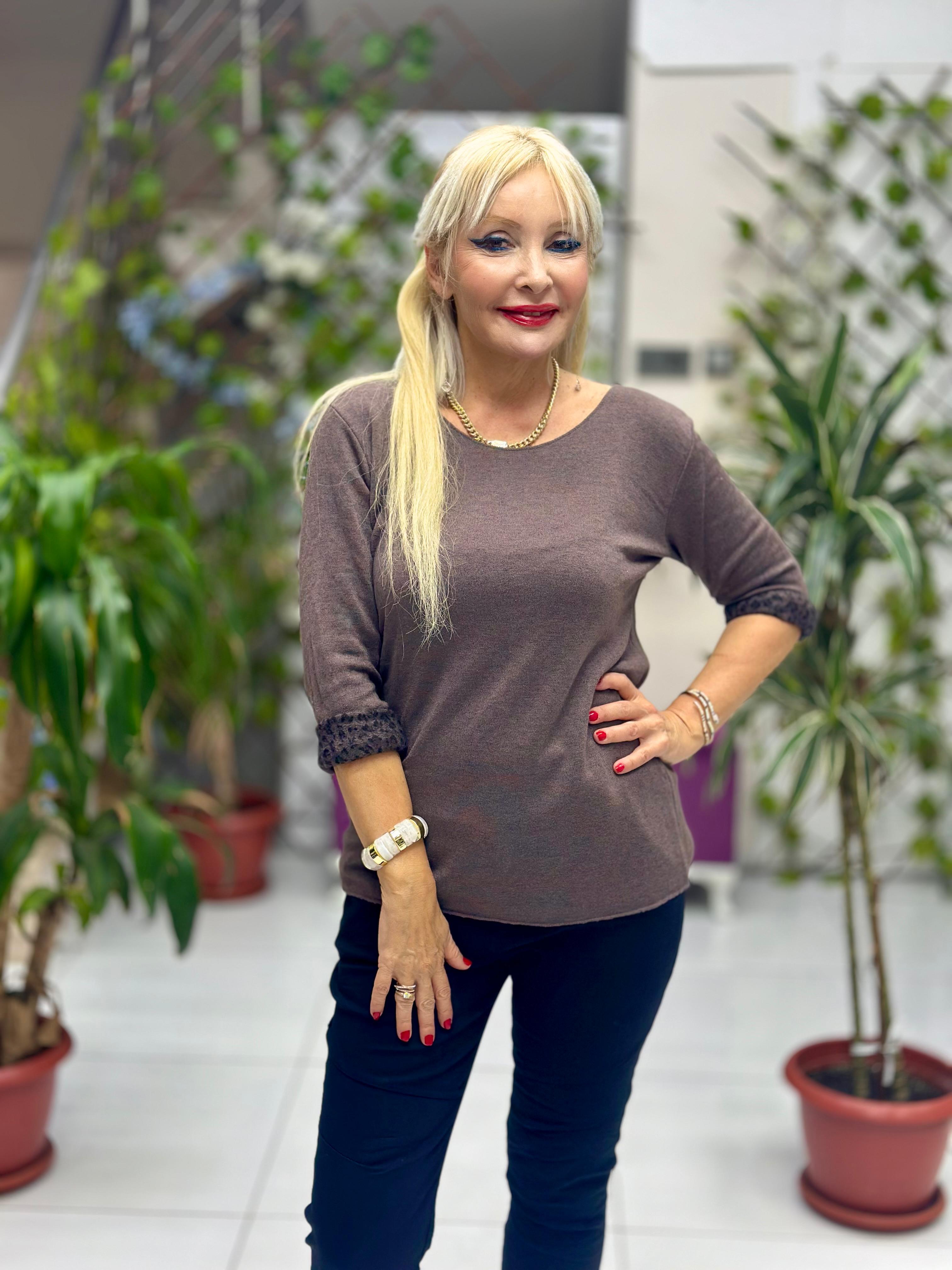 NC1202 İçi Leoparlı Yuvarlak Yaka Triko Küçük Kalıp Bluz Kahverengi