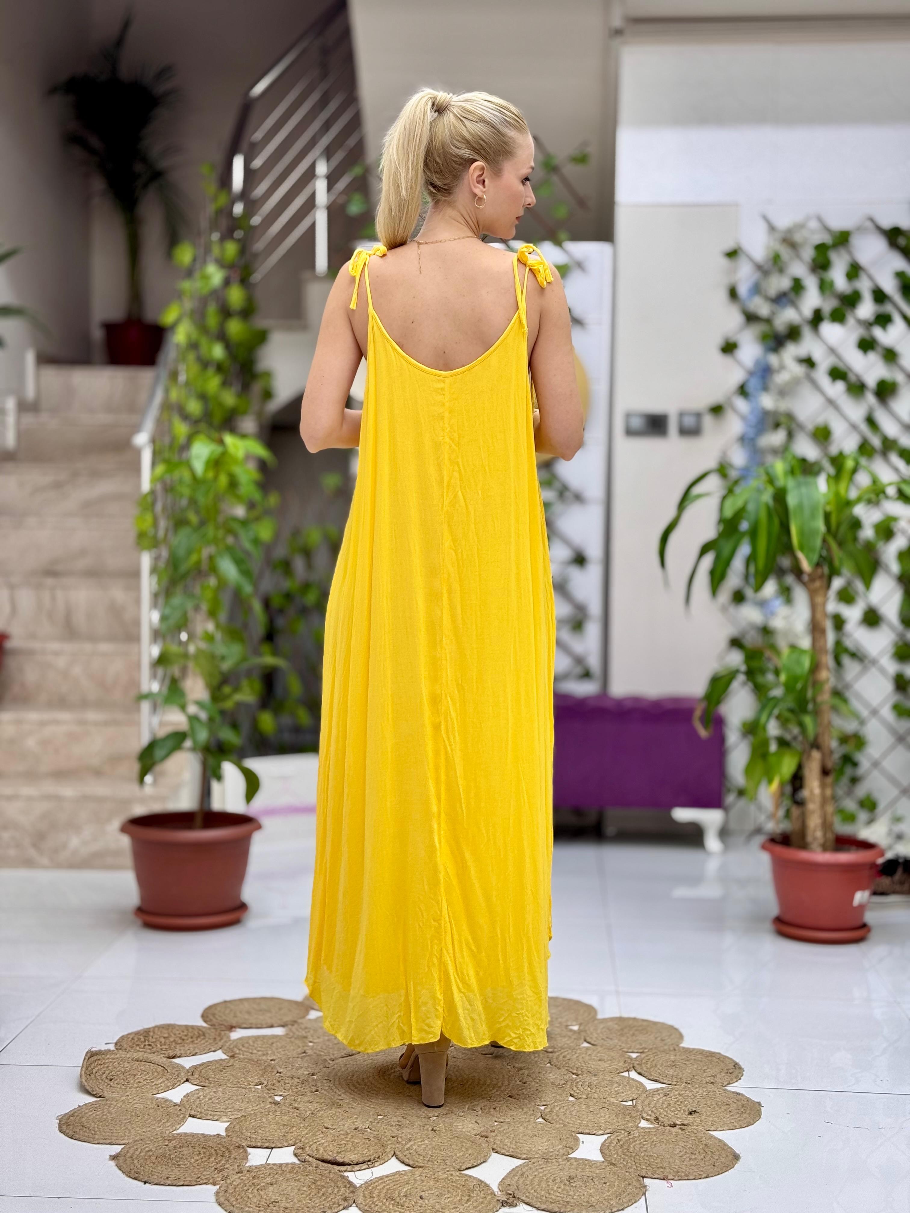 VL11199 Askılı Düz Vual Elbise Sarı