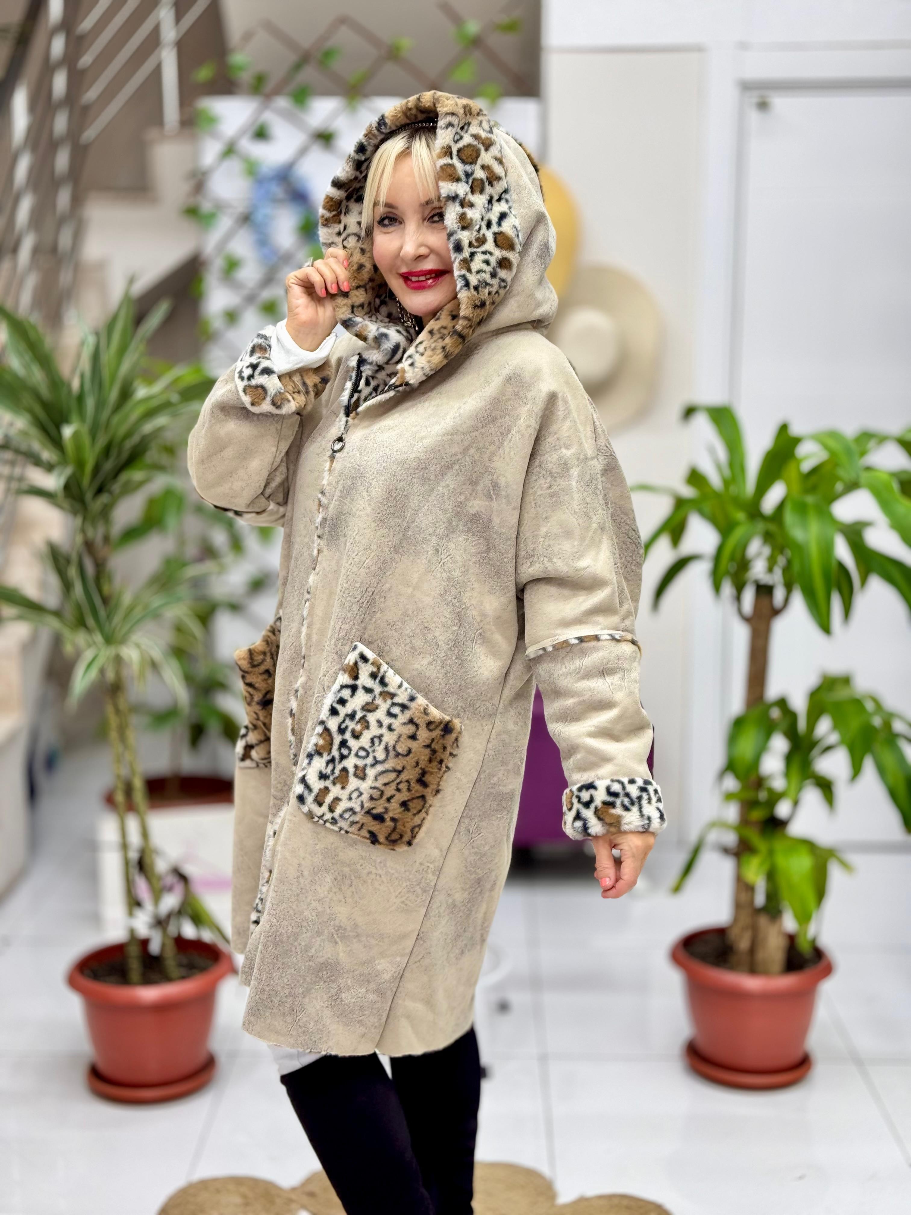 N22384 Leoparlı Fermuarlı Nubuk Kaban Taş