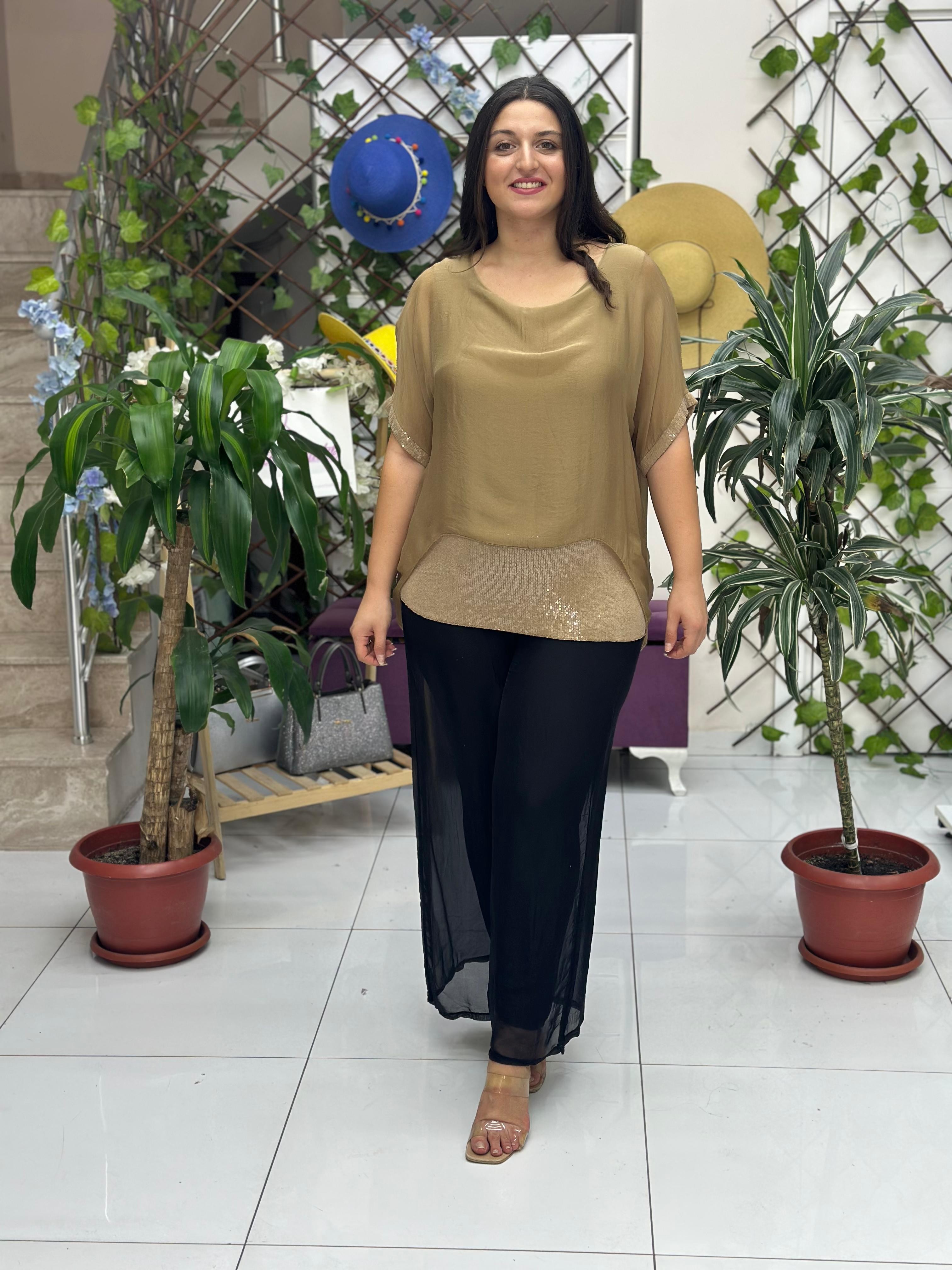 NC24841 İtalyan Pul Payetli İpek Bluz Camel