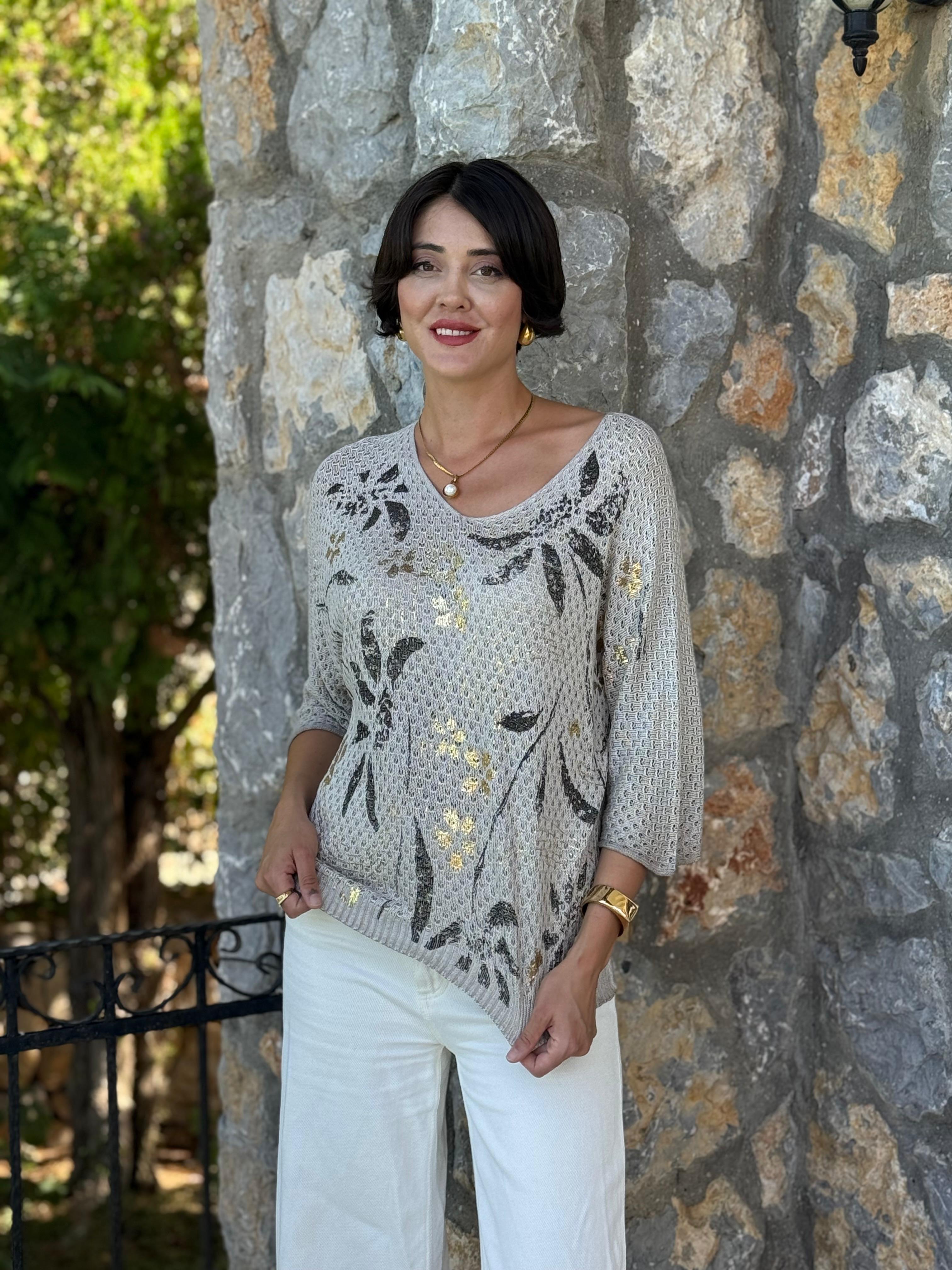 FXLS7514 İtalyan Yaprak Desen Triko Bluz Krem