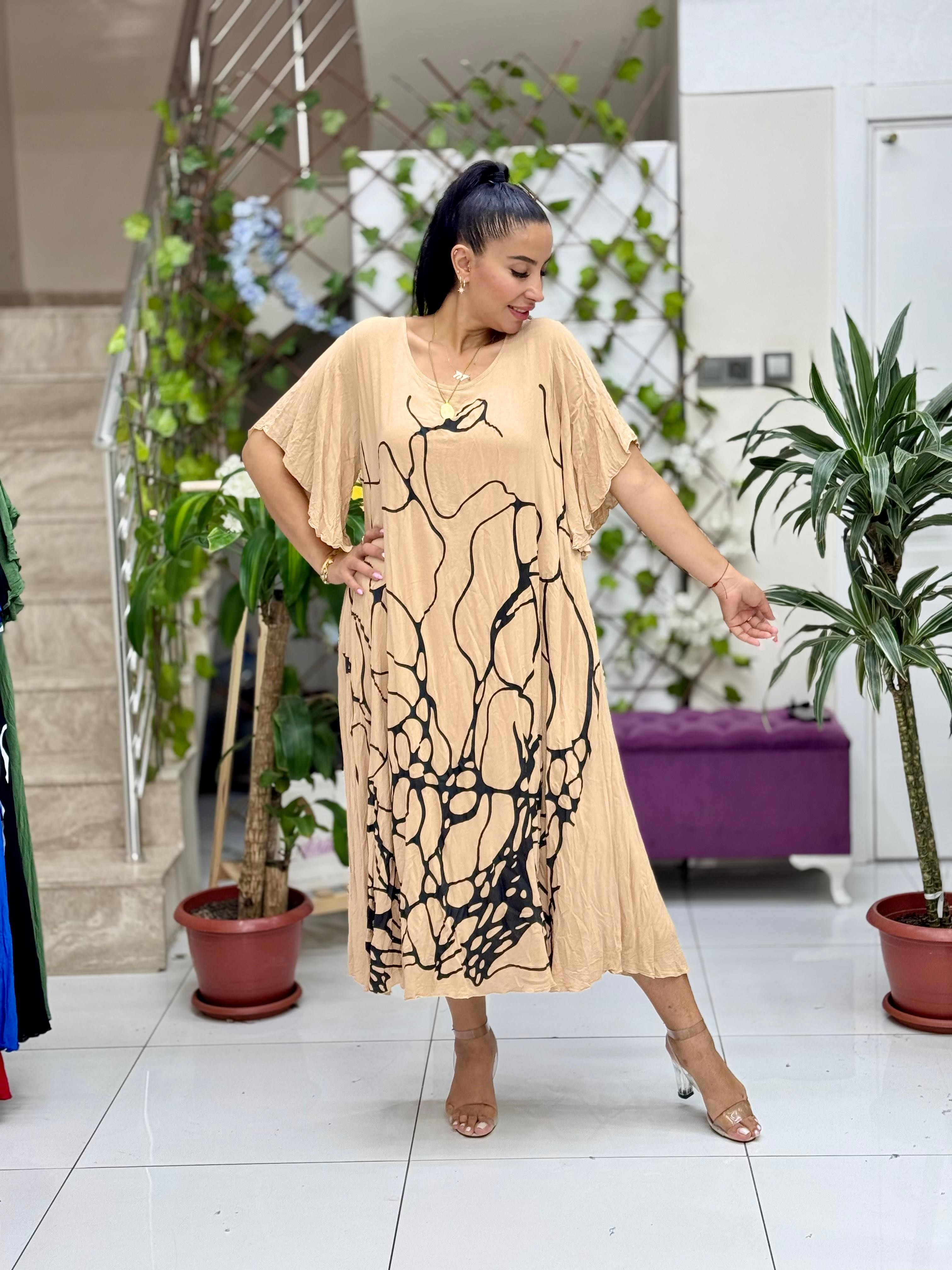 VL2110 Baskılı Yarım Kol Vual Elbise Camel