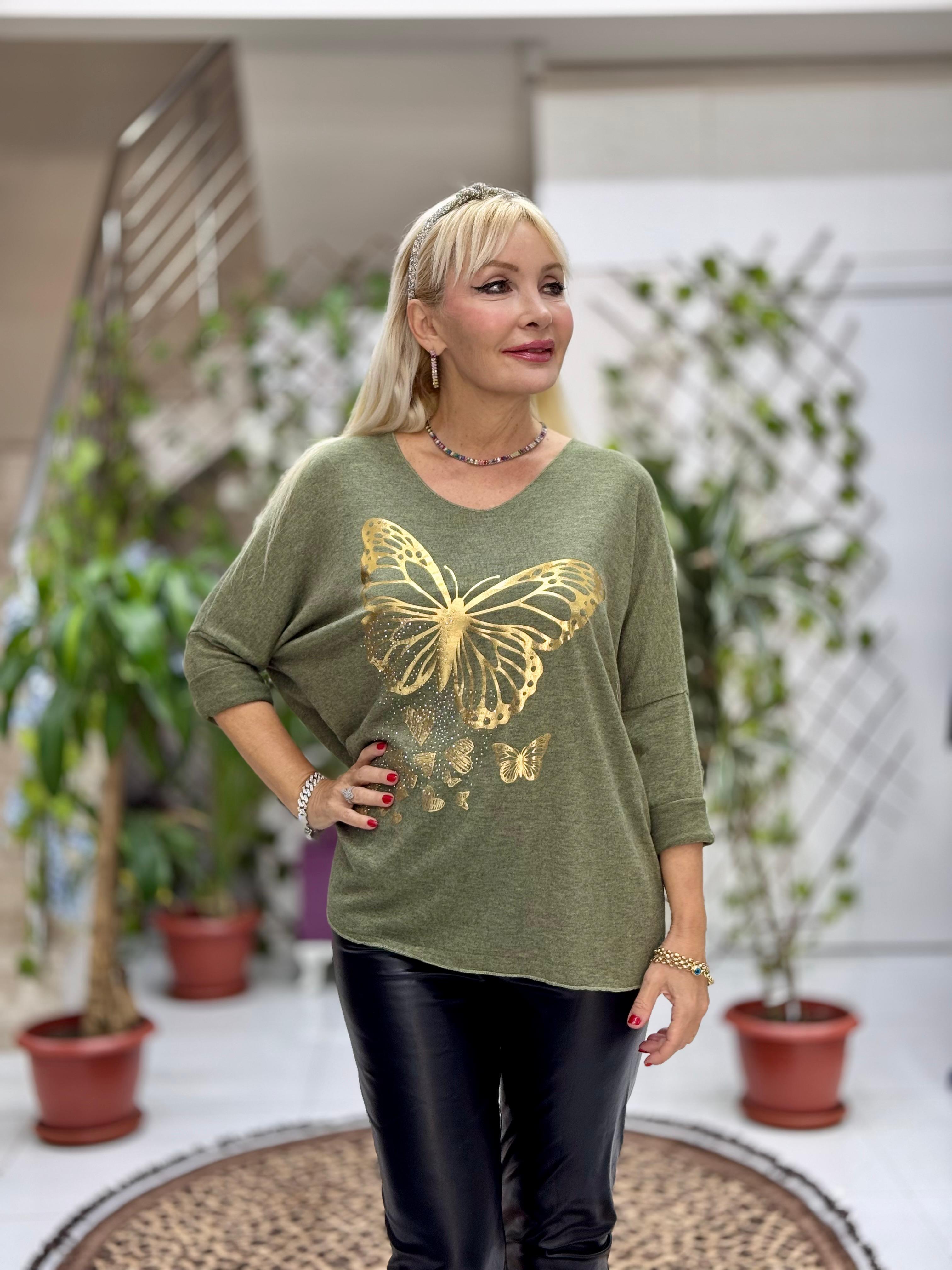 YG59100 İtalyan Taşlı ve Kelebek Baskılı Triko Bluz Haki