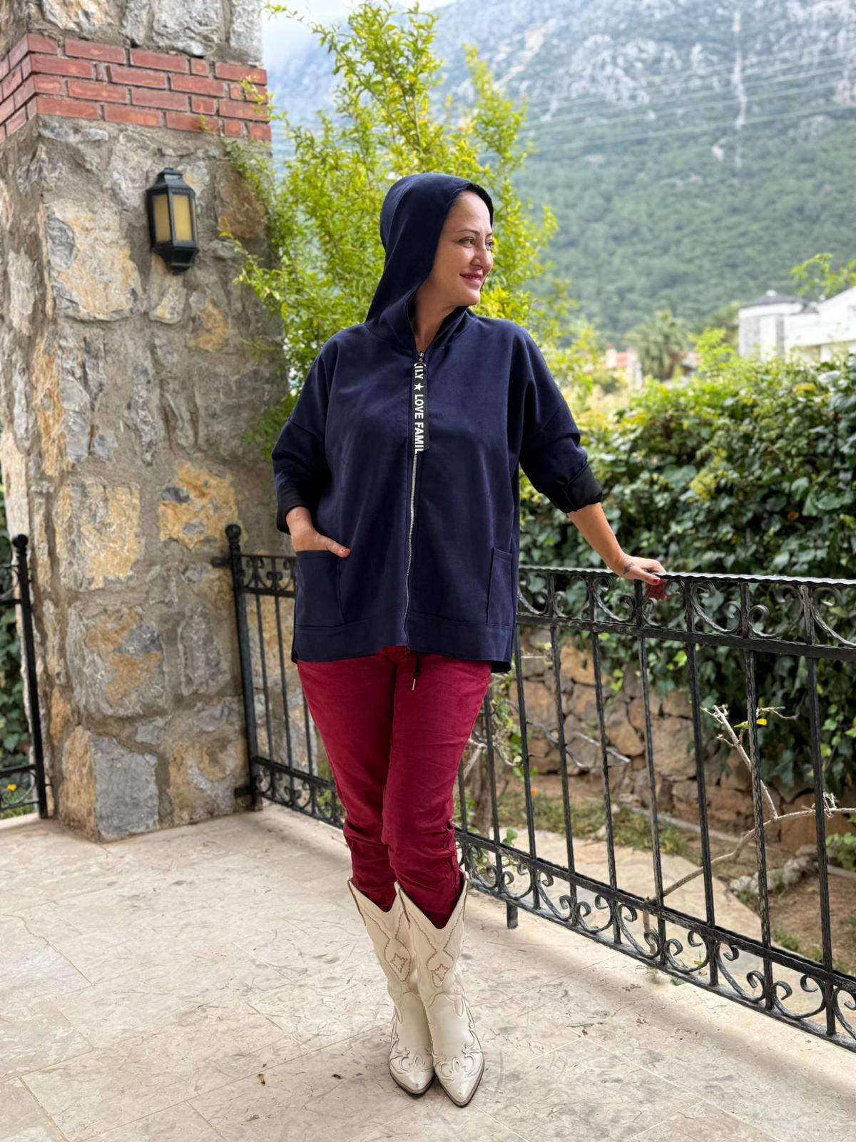 YG12477 Kapişonlu Süet İtalyan Ceket Lacivert