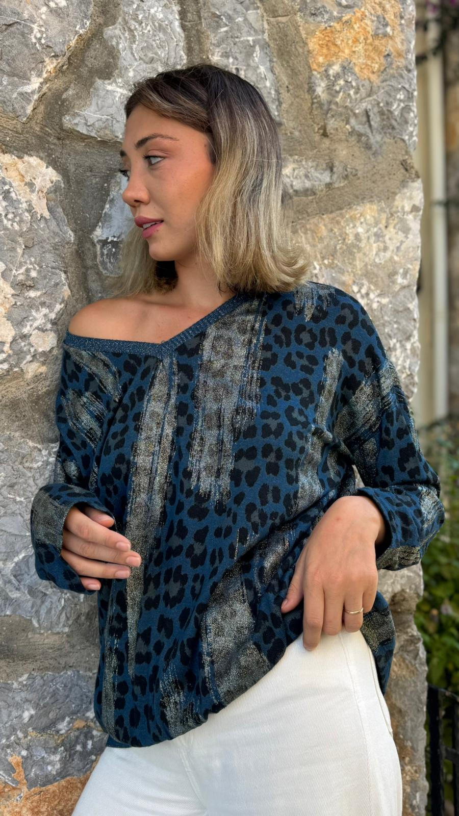 P245010 İtalyan Simli Leopar Bluz Lacivert
