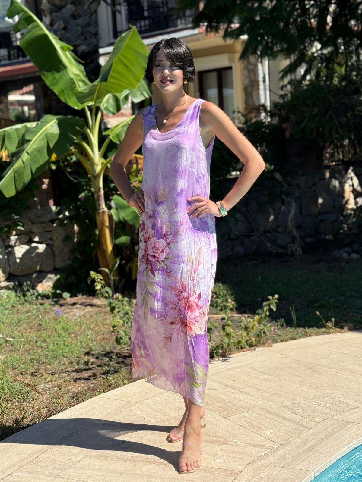 YG20641 İtalyan Çiçekli Askılı İpek Elbise Lila