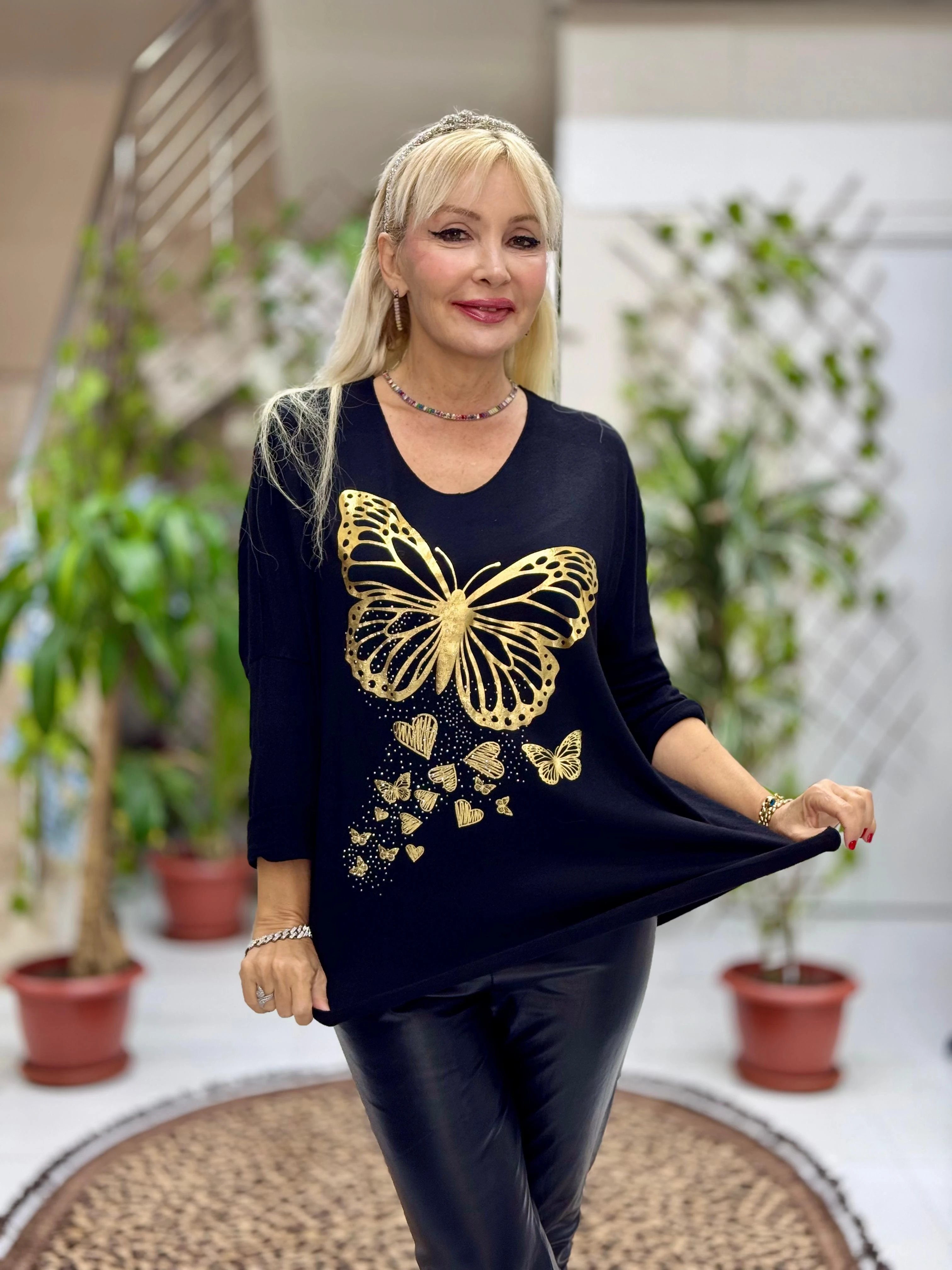 YG59100 İtalyan Taşlı ve Kelebek Baskılı Triko Bluz Siyah