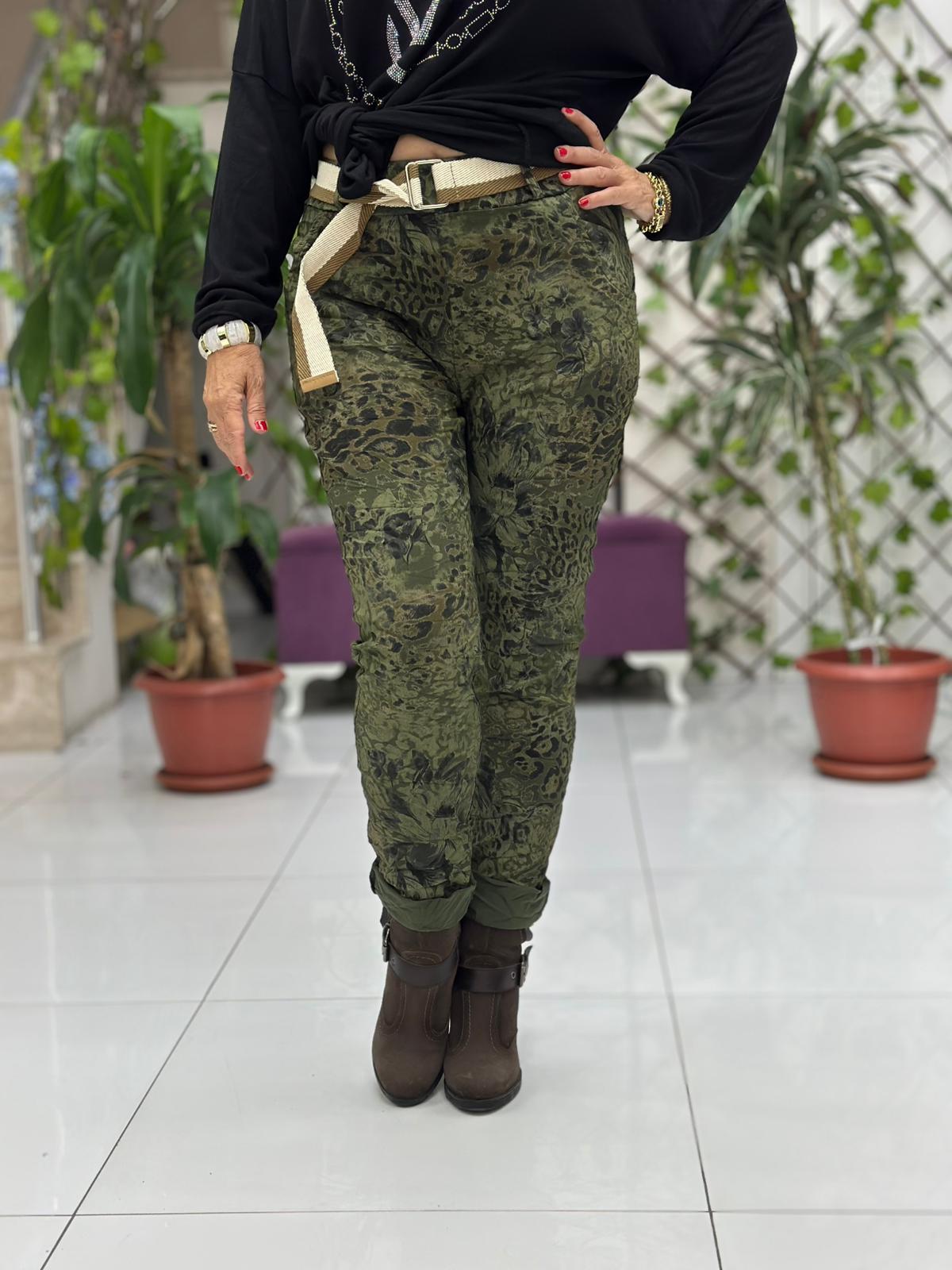 NC21980 italyan Likralı Çiçek ve Leopar desenli Pantolon Yeşil