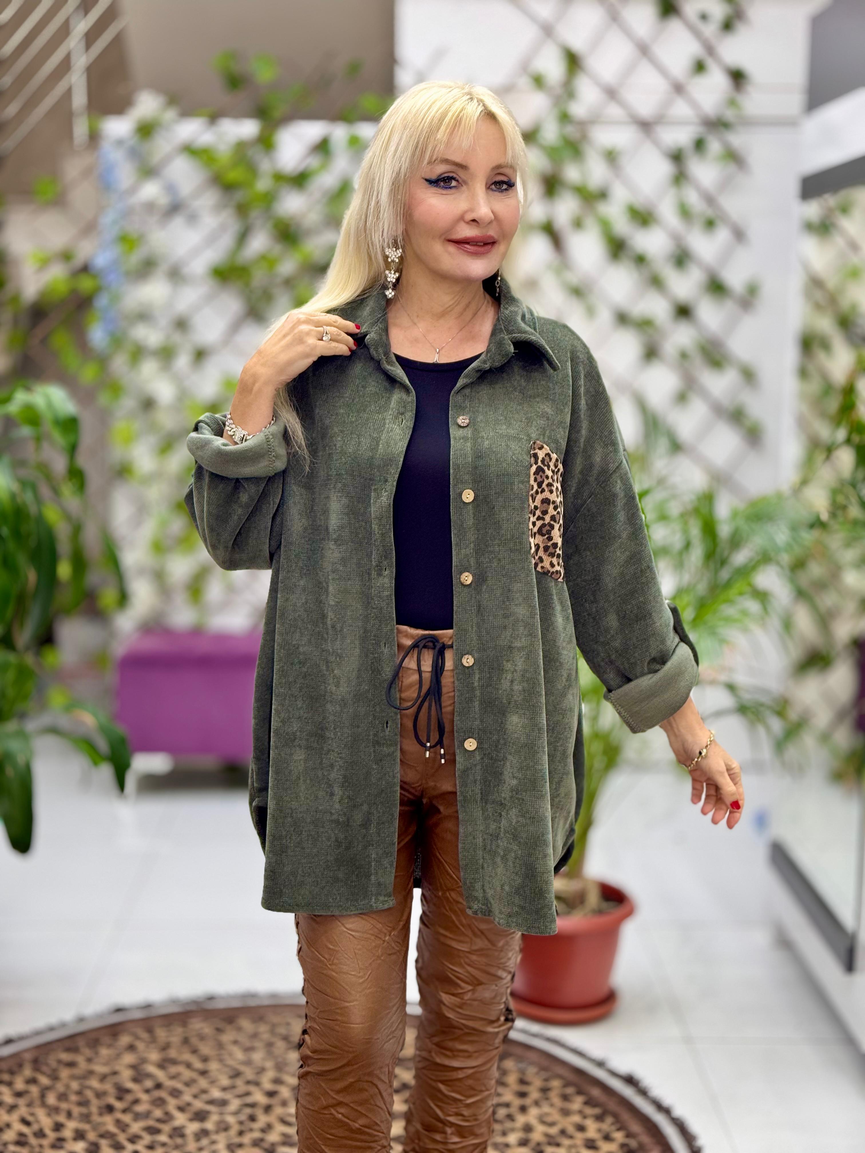 NC25198 Cep Leopar Detaylı Kadife Gömlek Haki