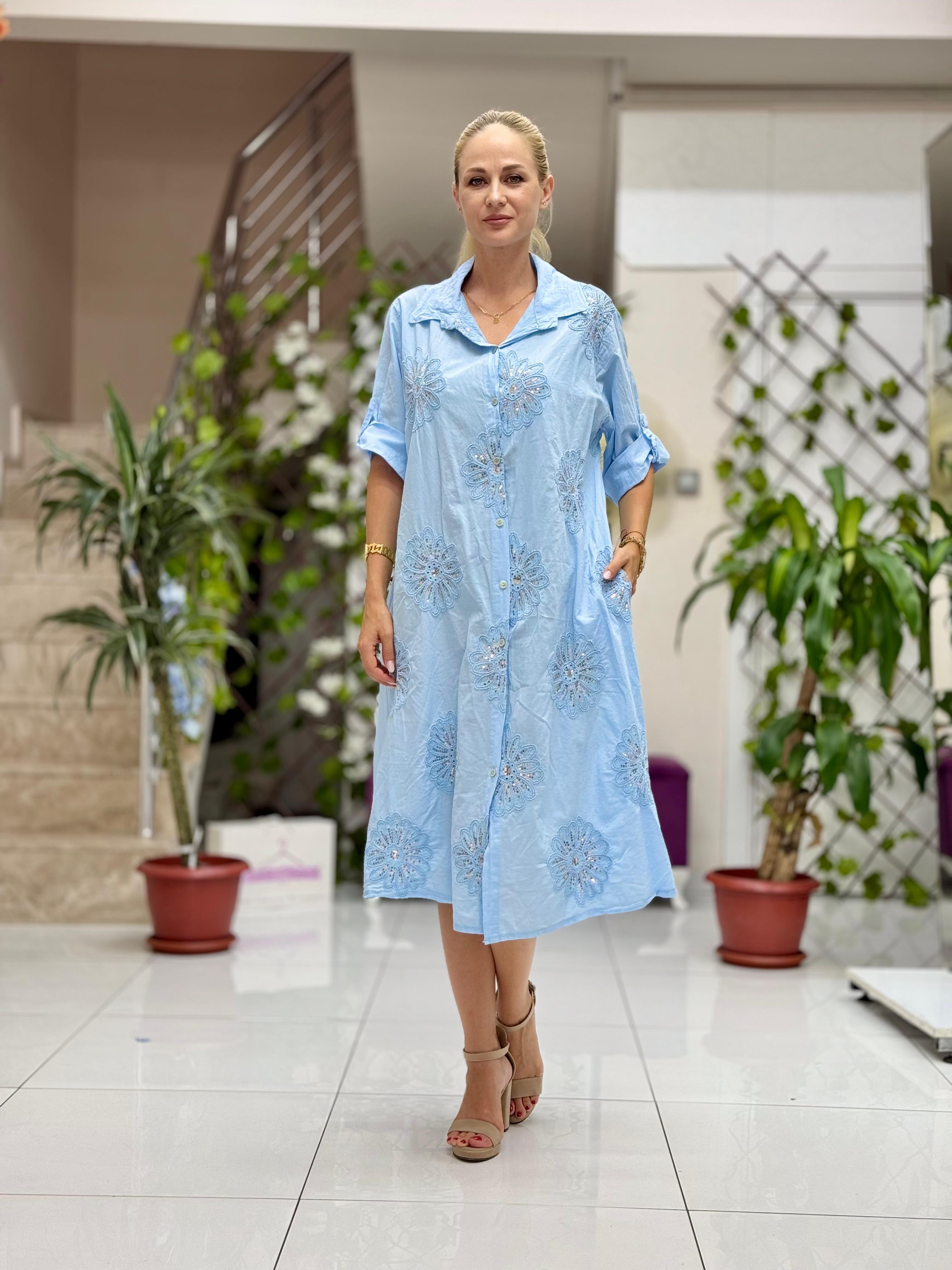 PT83730 Pul Payetli Coton İtalyan Gömlek Elbise Bebe Mavi