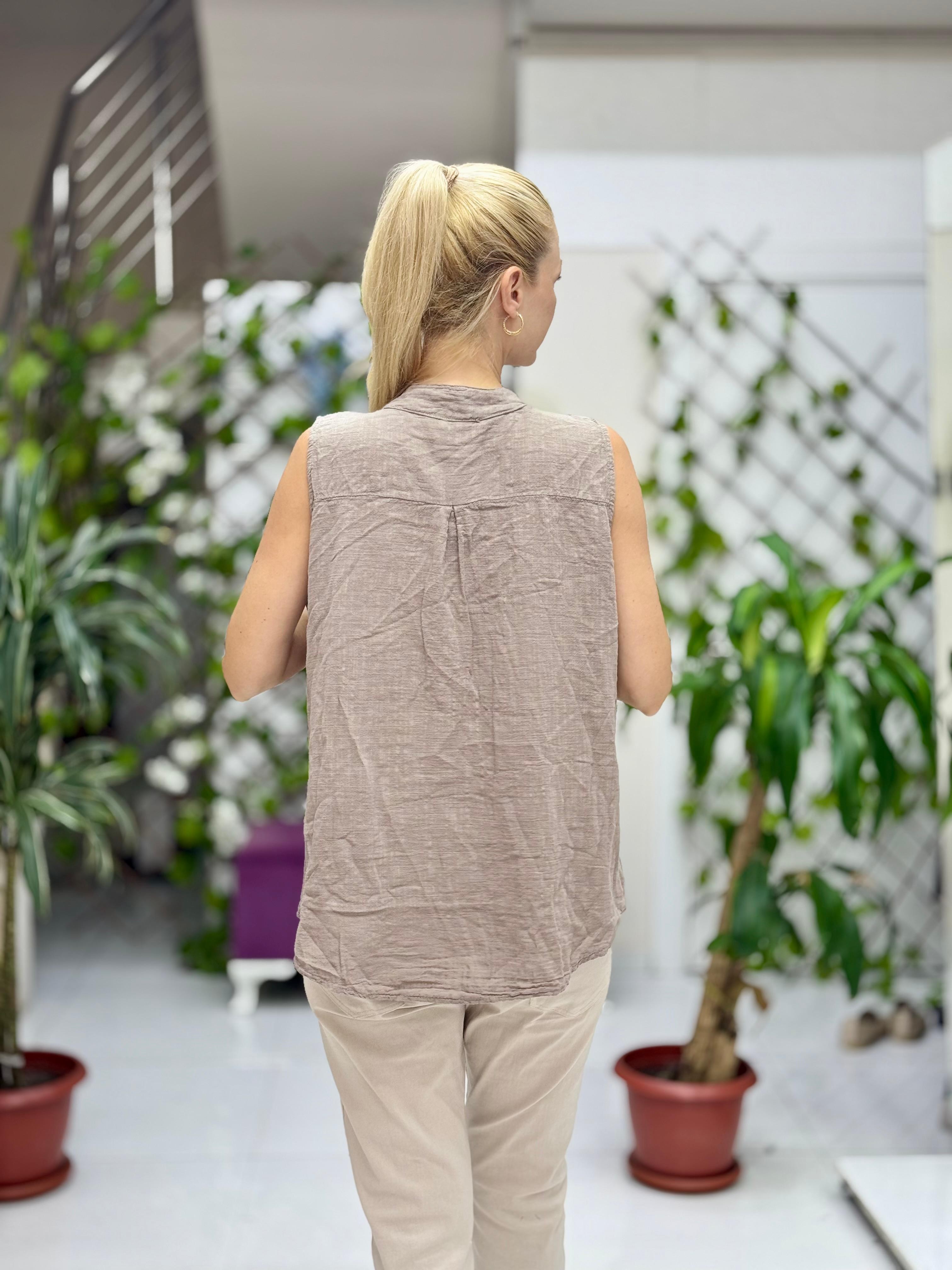 LS8819E Kolsuz Pamukketen Cepli İtalyan Bluz Vizon