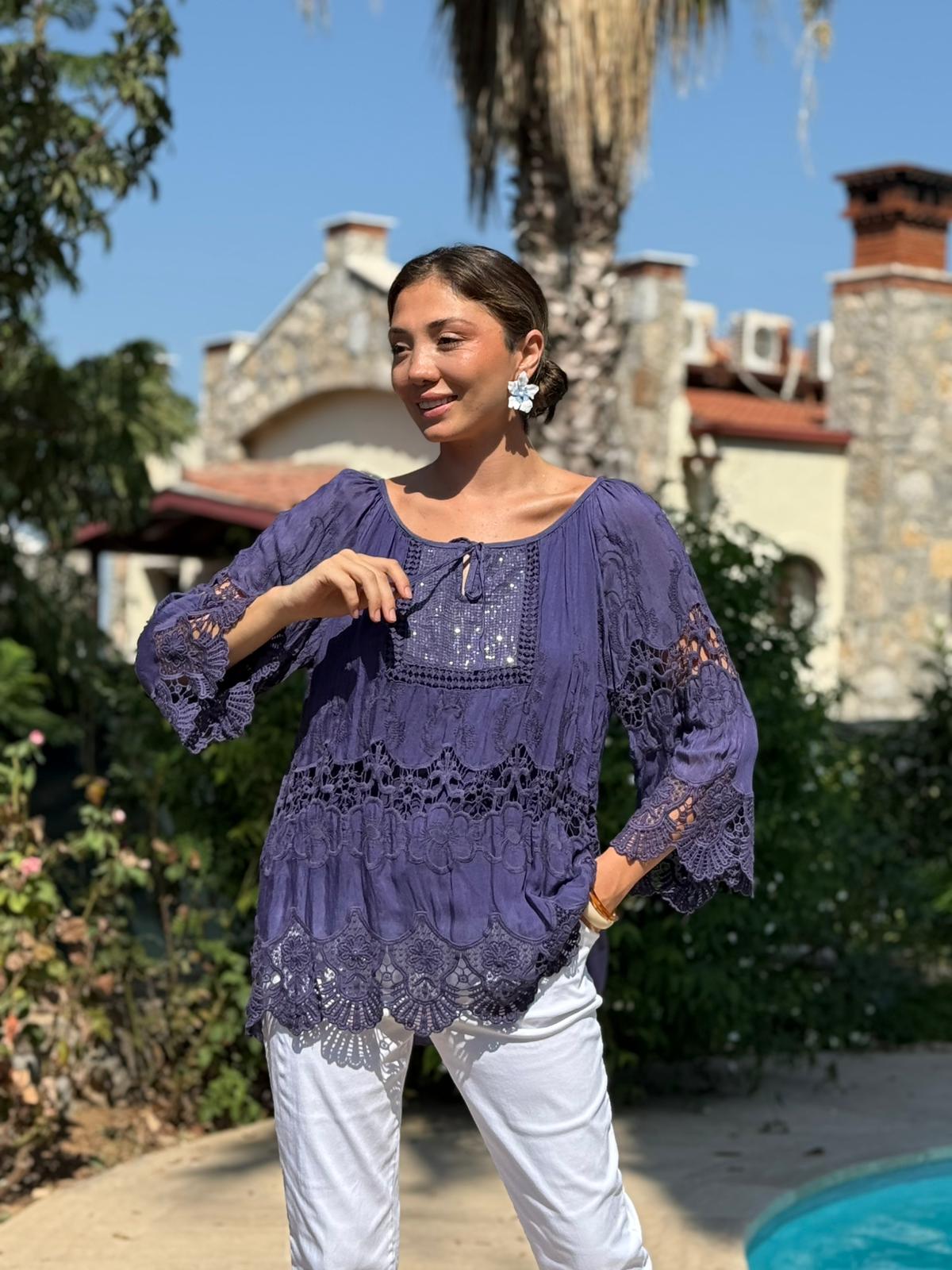 NC20428 İtalyan Klasik İpek Bluz Patlıcan Moru