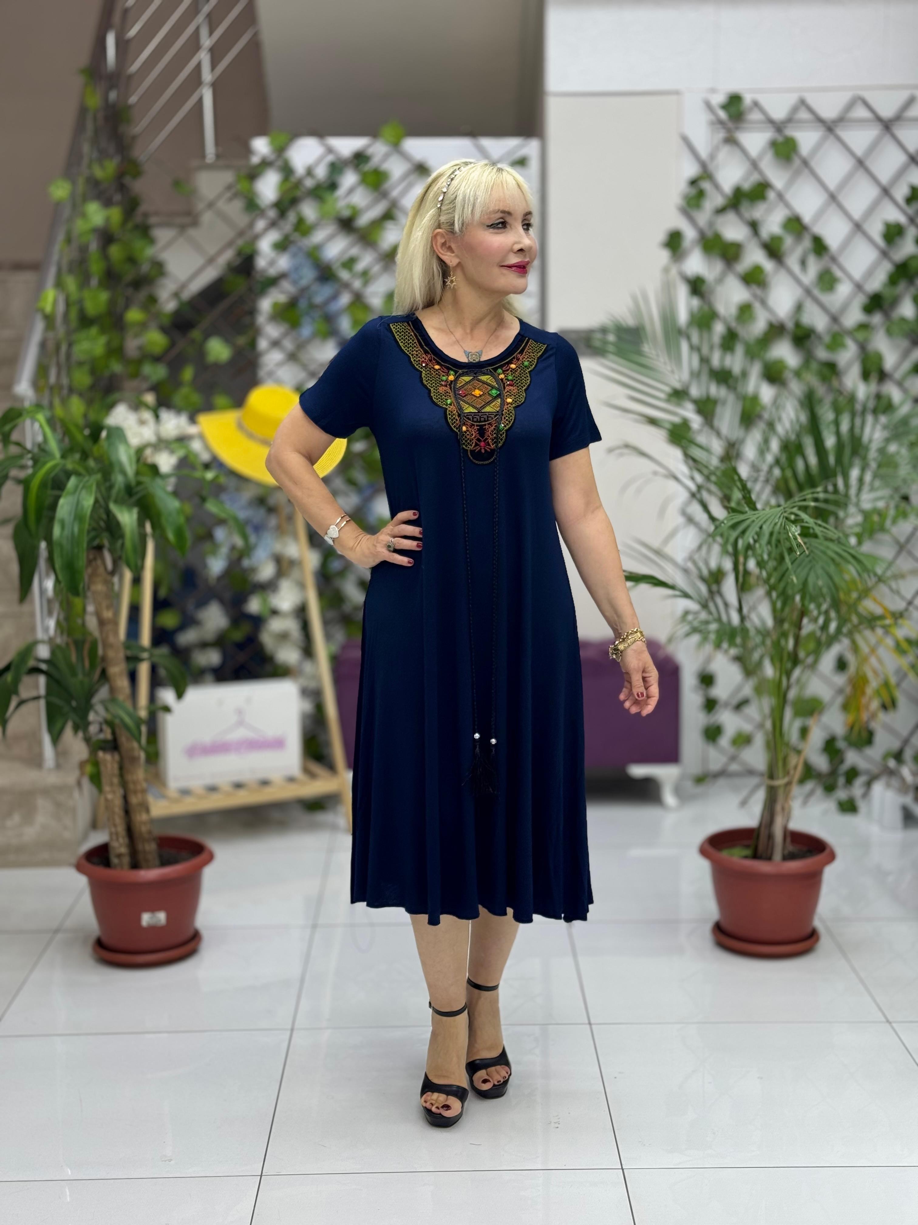 A6340 Vestido Algodón Peinado Negro Amarillo