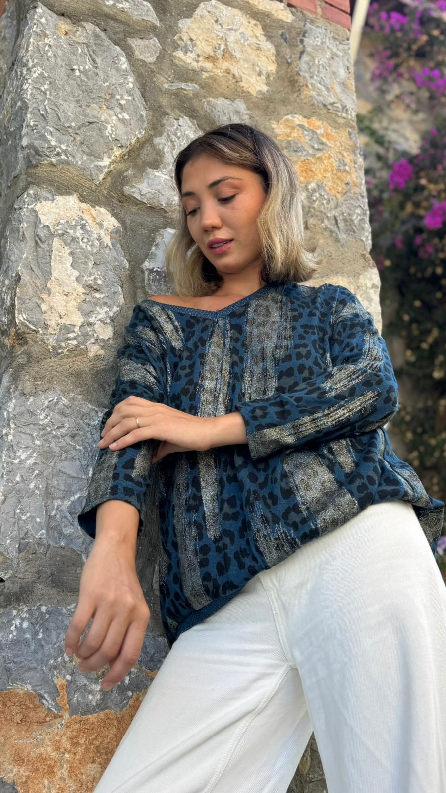 P245010 İtalyan Simli Leopar Bluz Lacivert