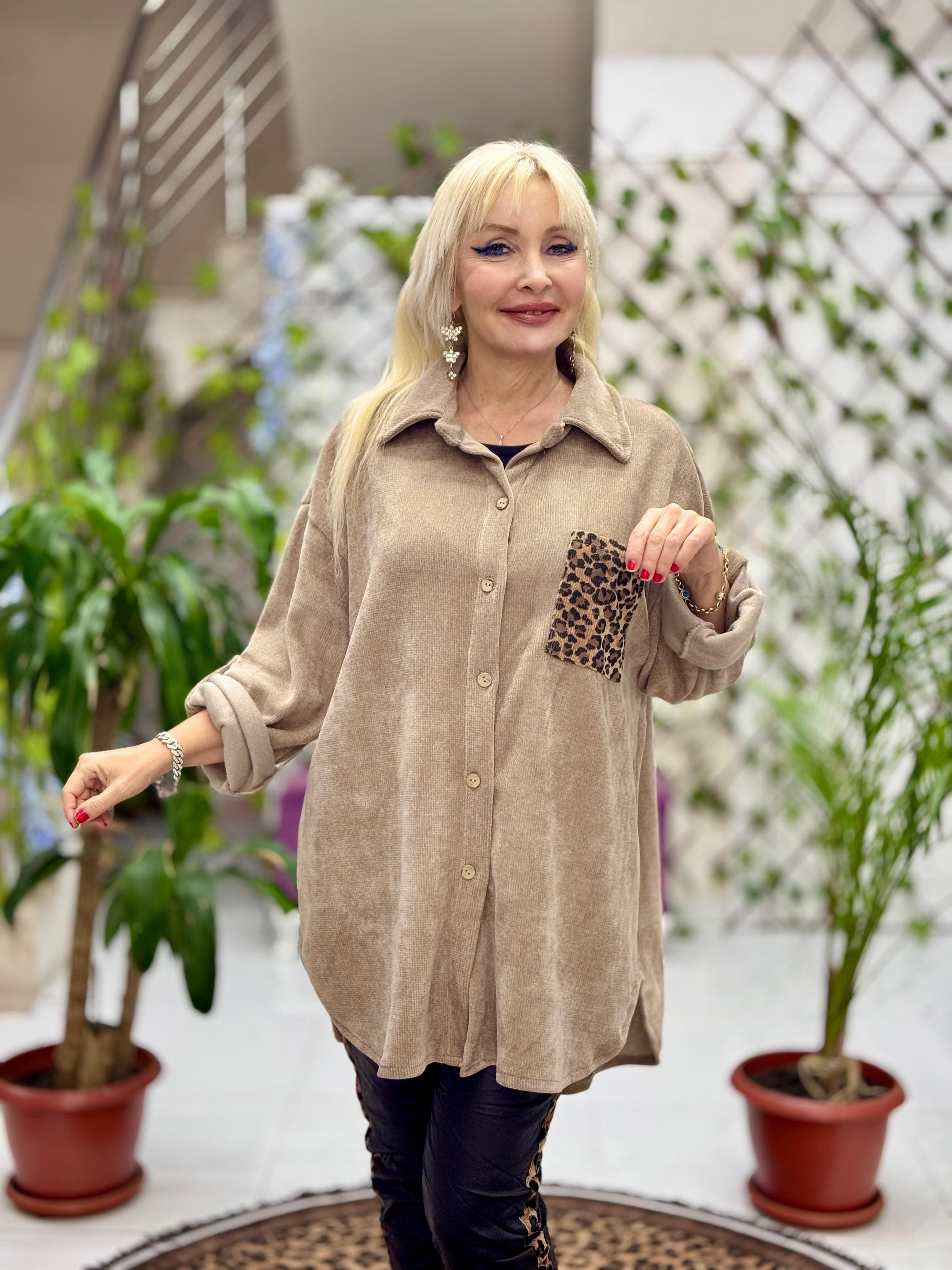 NC25198 Cep Leopar Detaylı Kadife Gömlek Bej