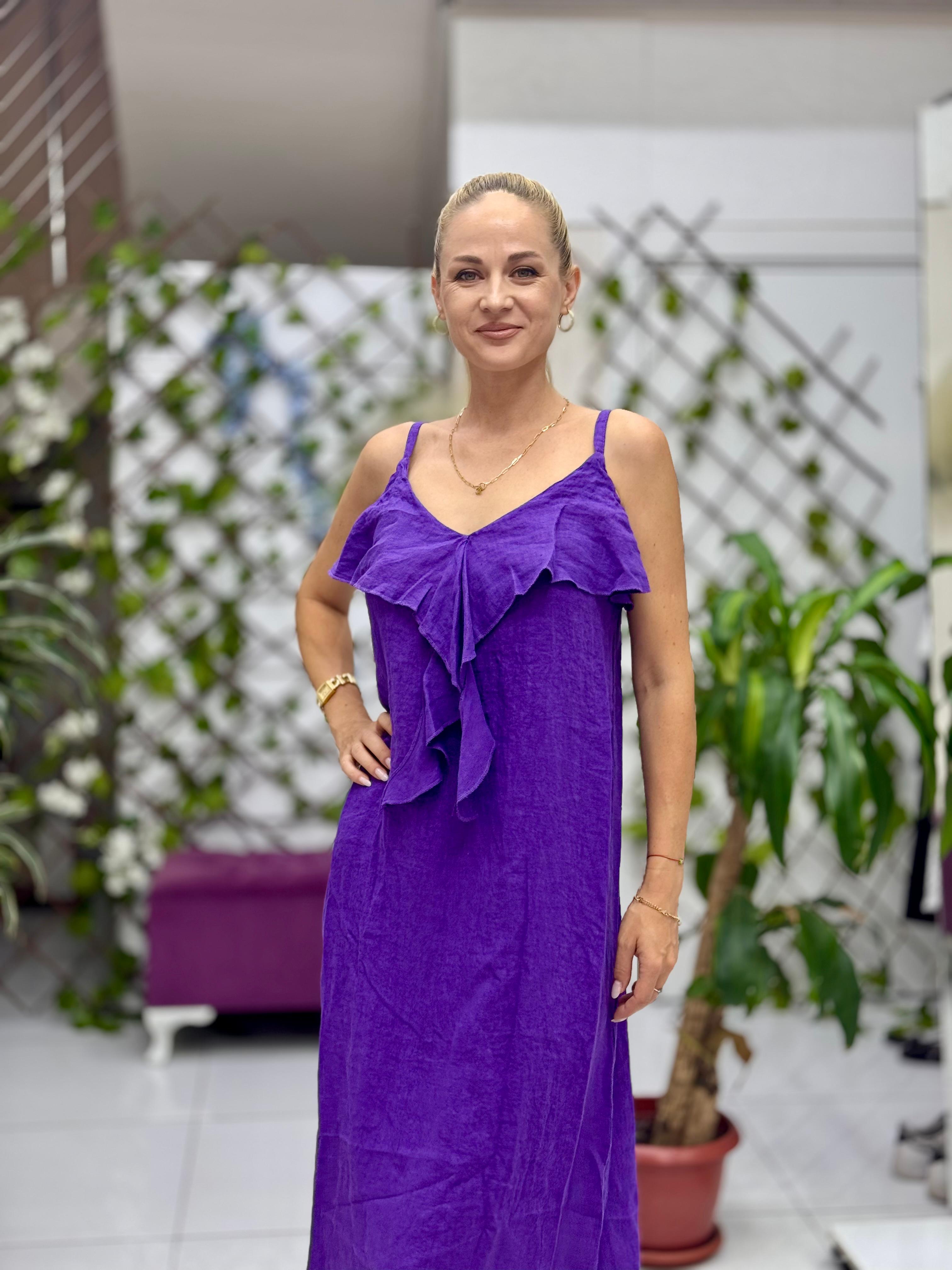 NC2132 İp Askılı Keten Önü Fırfırlı İtalyan Elbise Mor