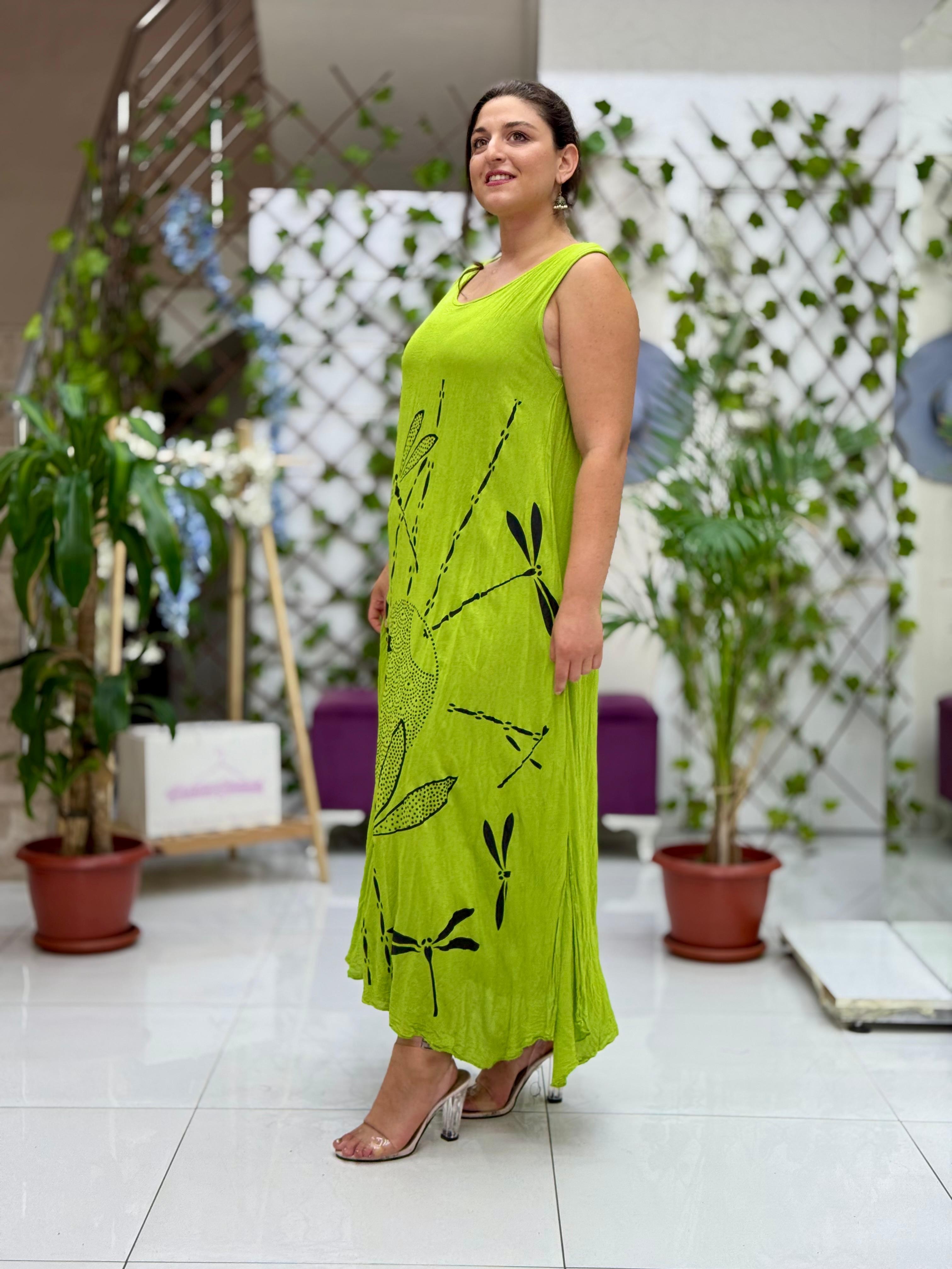VL3035 Kolsuz Baskılı Vual Elbise Fıstık