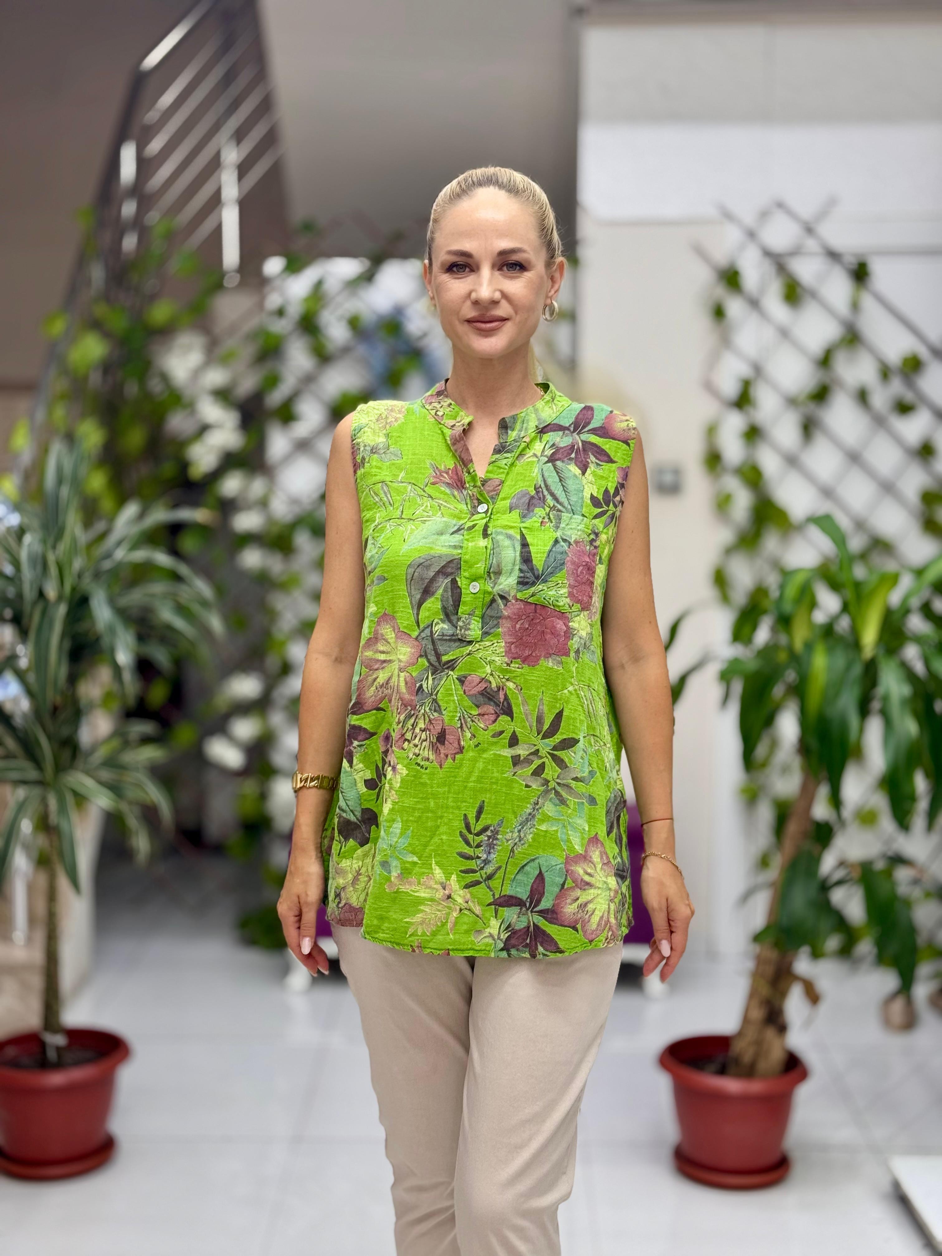 LS8819C Kolsuz Pamukketen Cepli İtalyan Bluz Yeşil