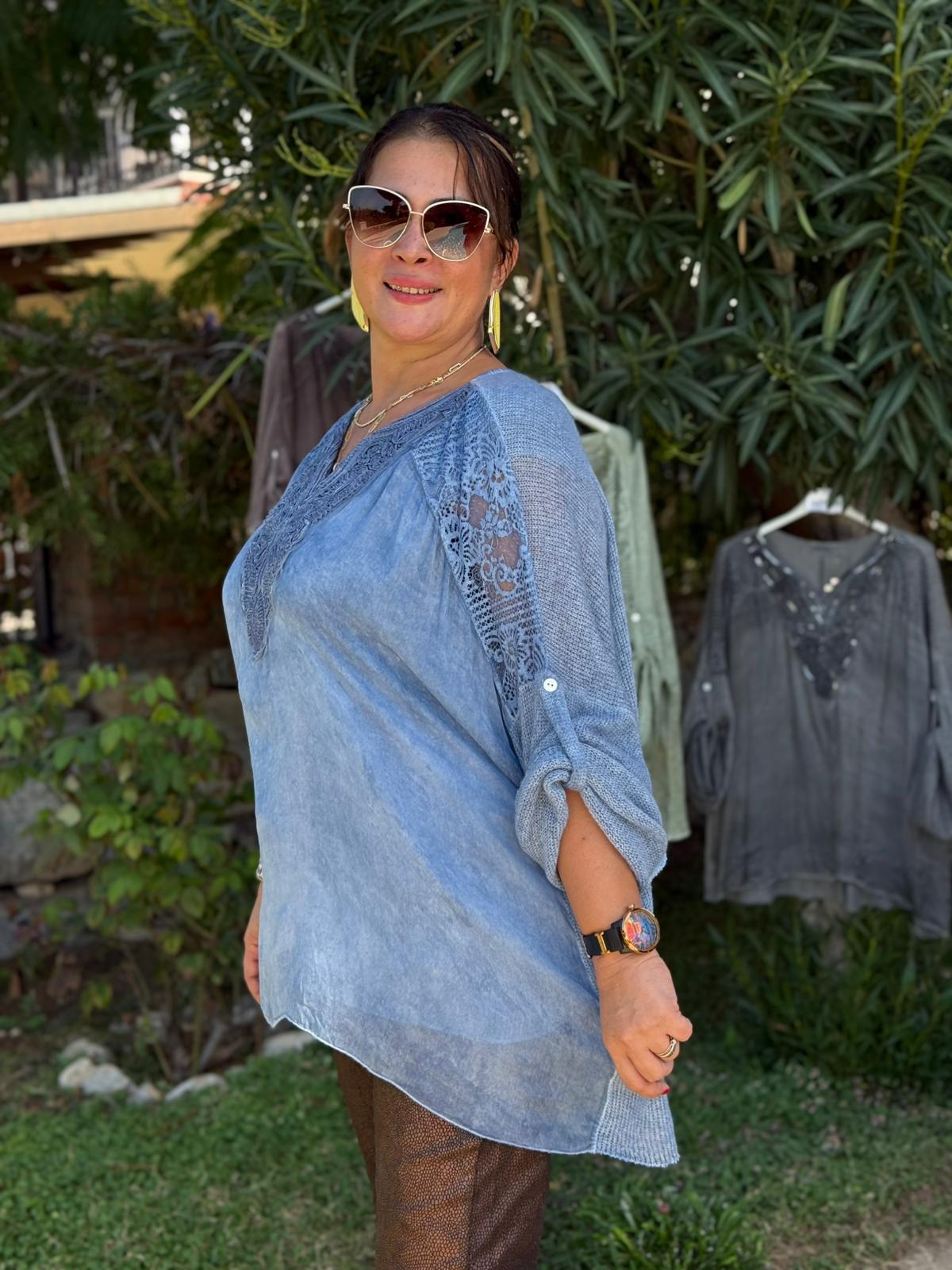 NC1868 Pul Payetli Omuz Dantelli İpek Triko İtalyan Bluz Mavi