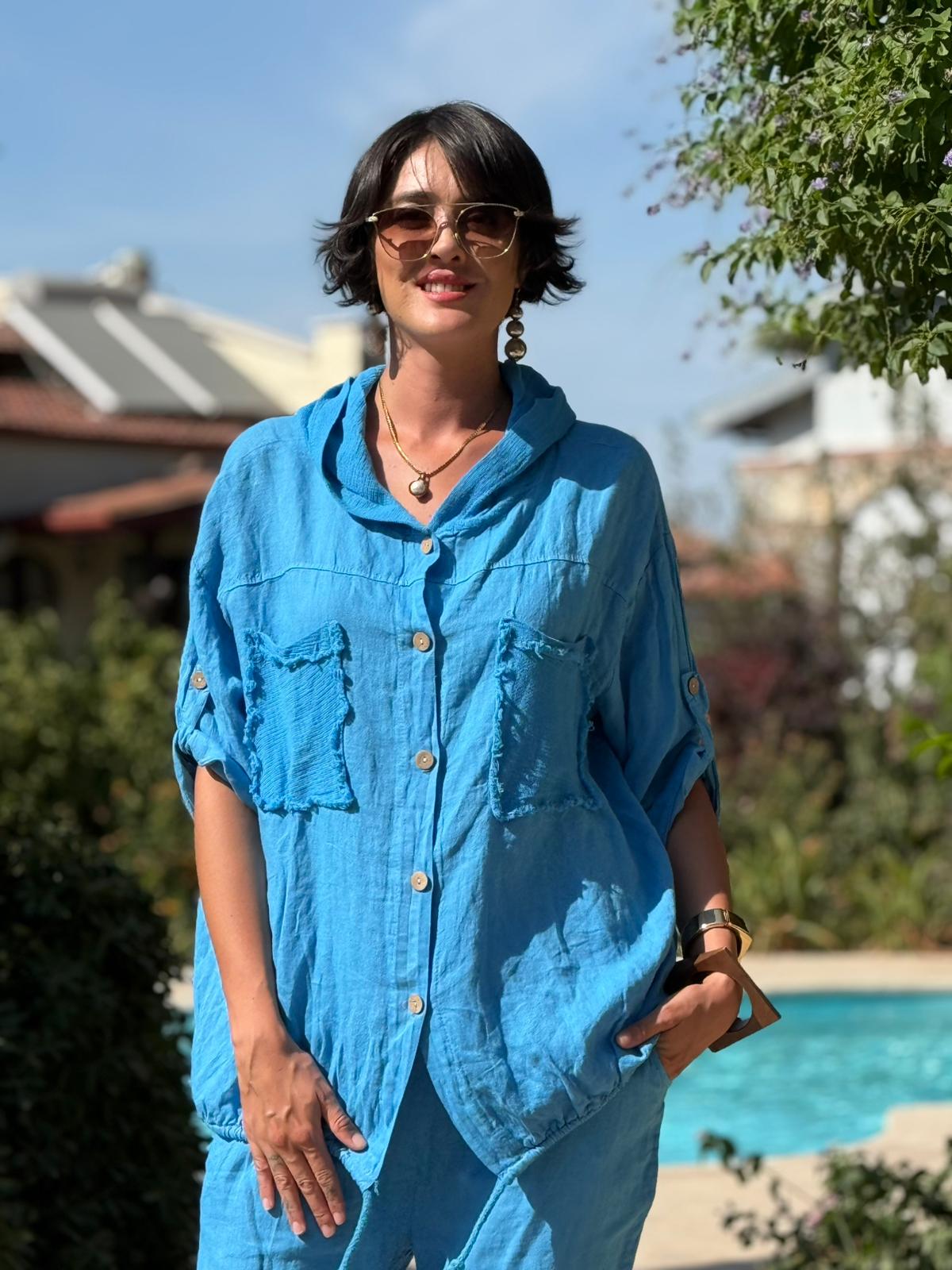 PT2256 İtalyan Önü Cepli Kapüşonlu Keten Takım Mavi