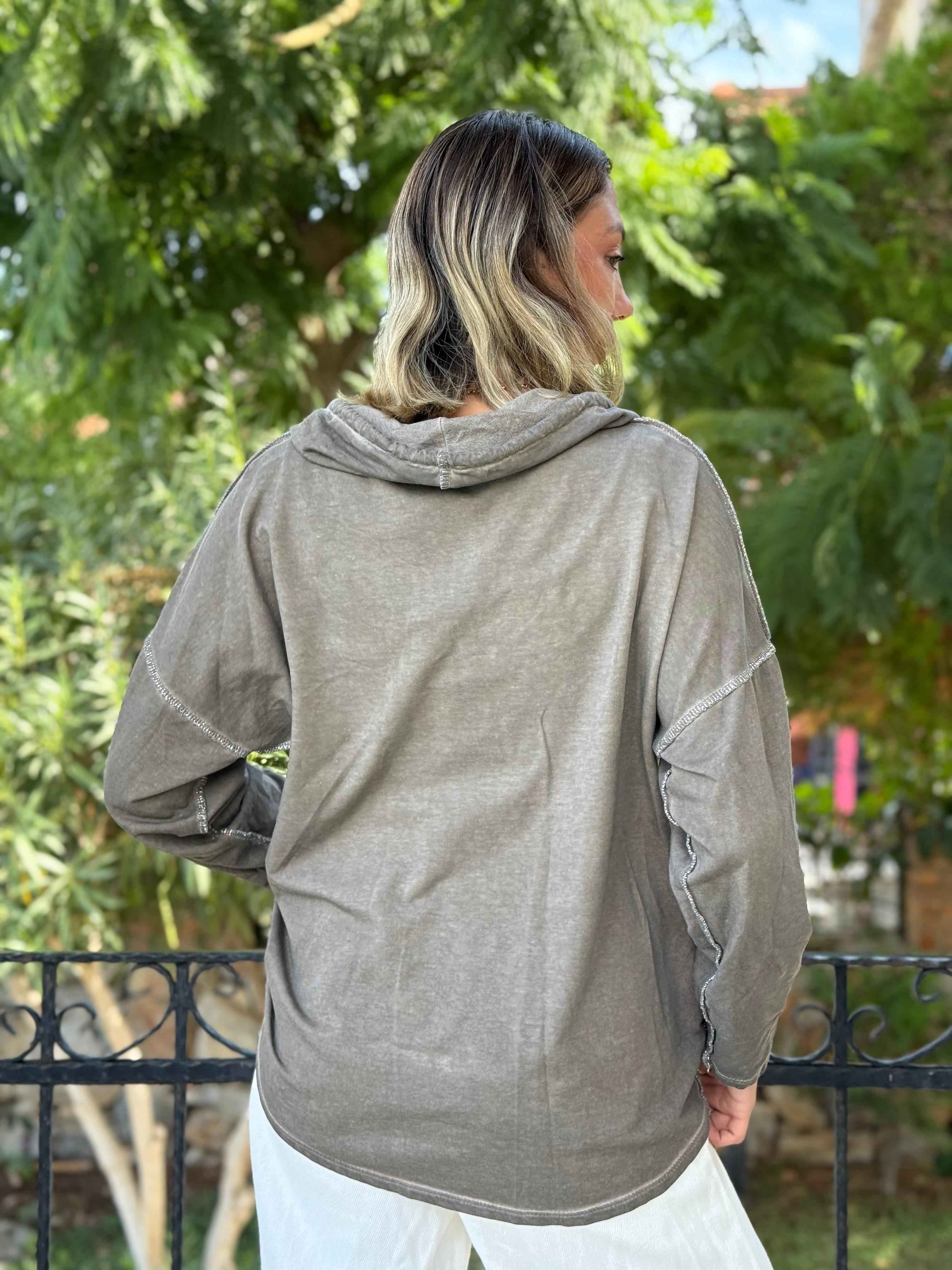 NC18533 İtalyan Joy Taşlı Kapüşonlu Coton Sweatshirt Vizon