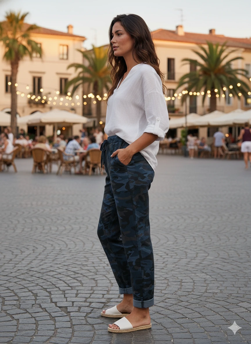 LS7312 Kamuflaj Desenli Likralı İtalyan Coton Pantolon Lacivert