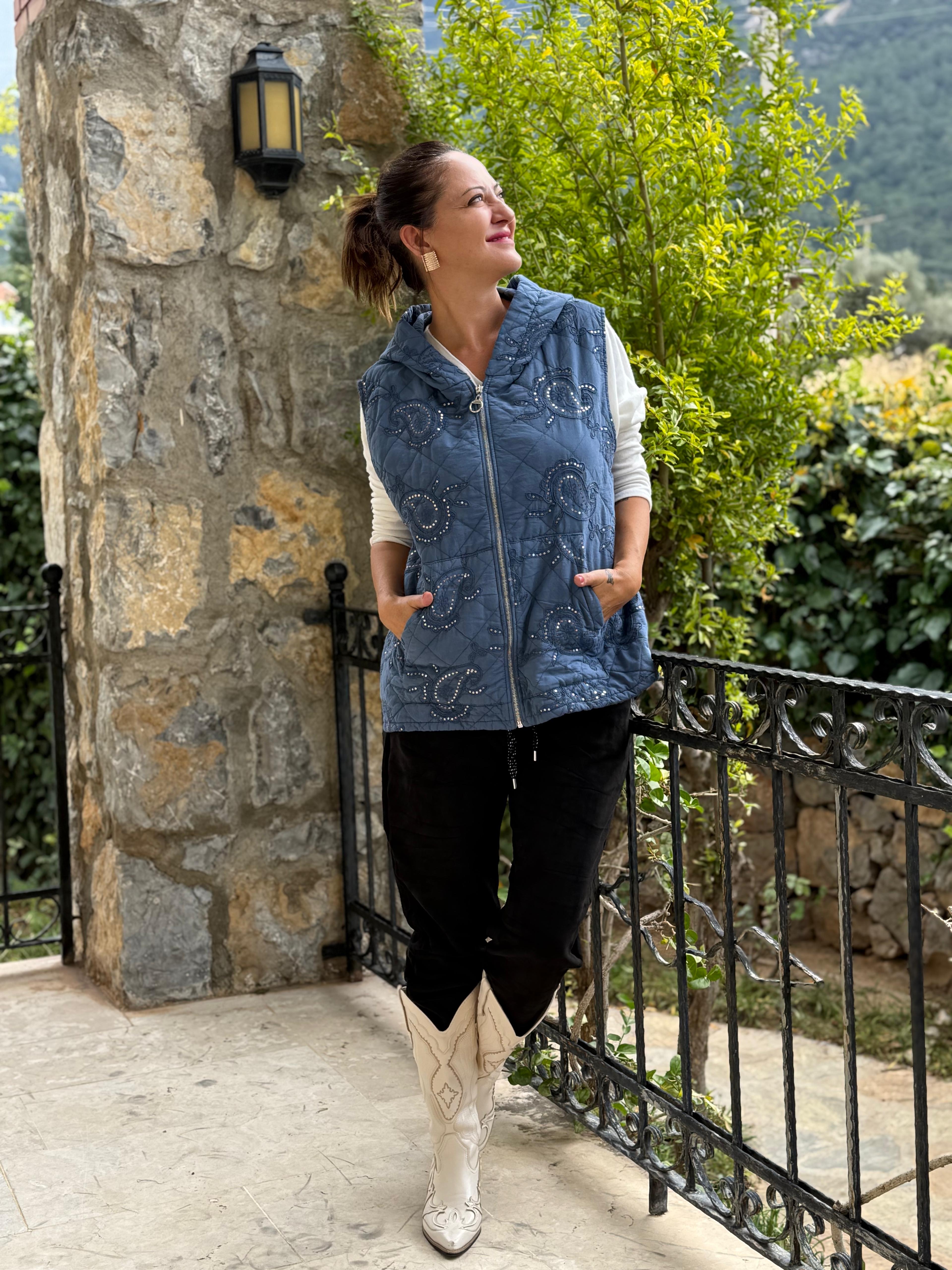 NC65588 Şal Desen Pullu Kapitone İtalyan Yelek Mavi