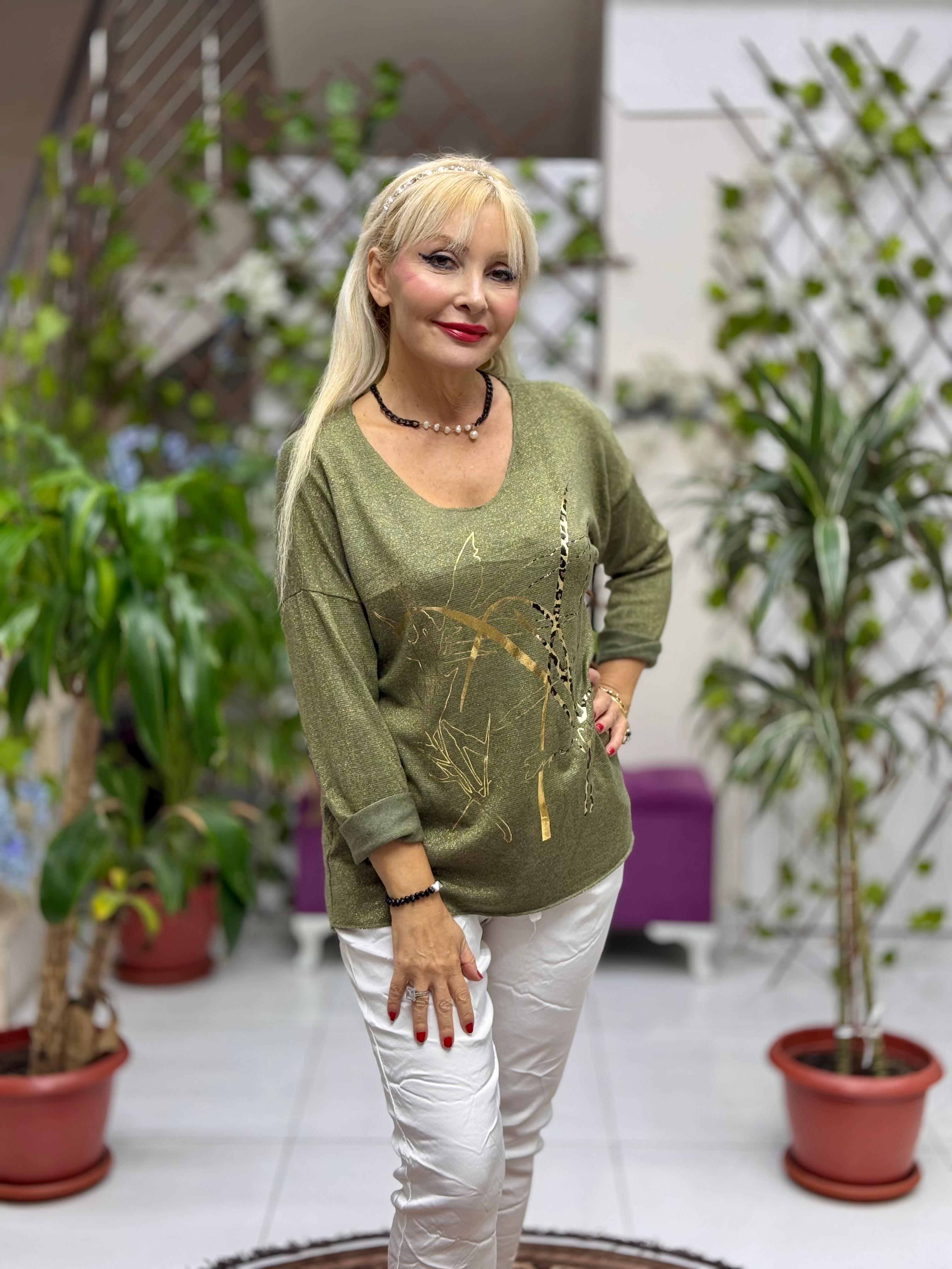 YG11773 Leopar Baskılı İtalyan Triko Bluz Haki