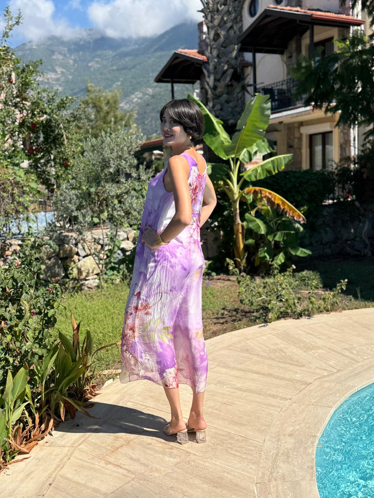 YG20641 İtalyan Çiçekli Askılı İpek Elbise Lila