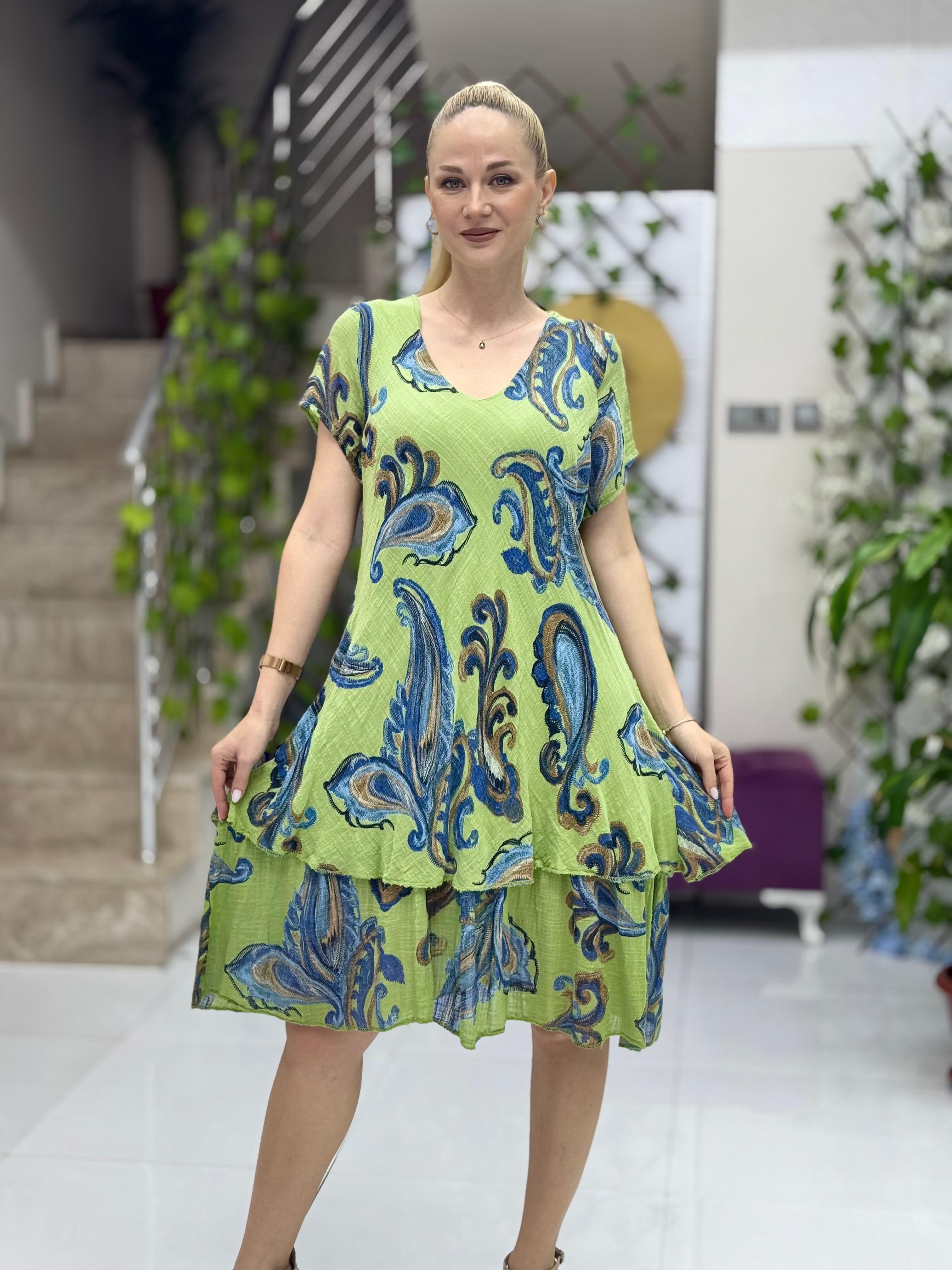NC5019 İtalyan Kısa Kol Pamuk Keten Elbise Fıstık