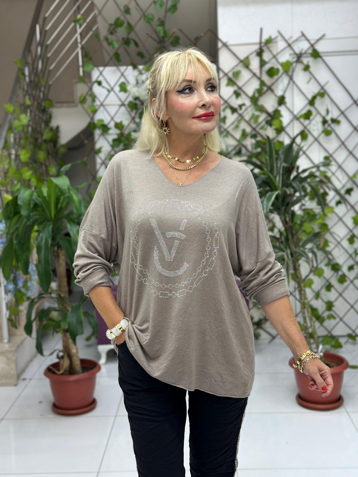 LS82681 İtalyan Taş Baskılı Triko Bluz Vizon