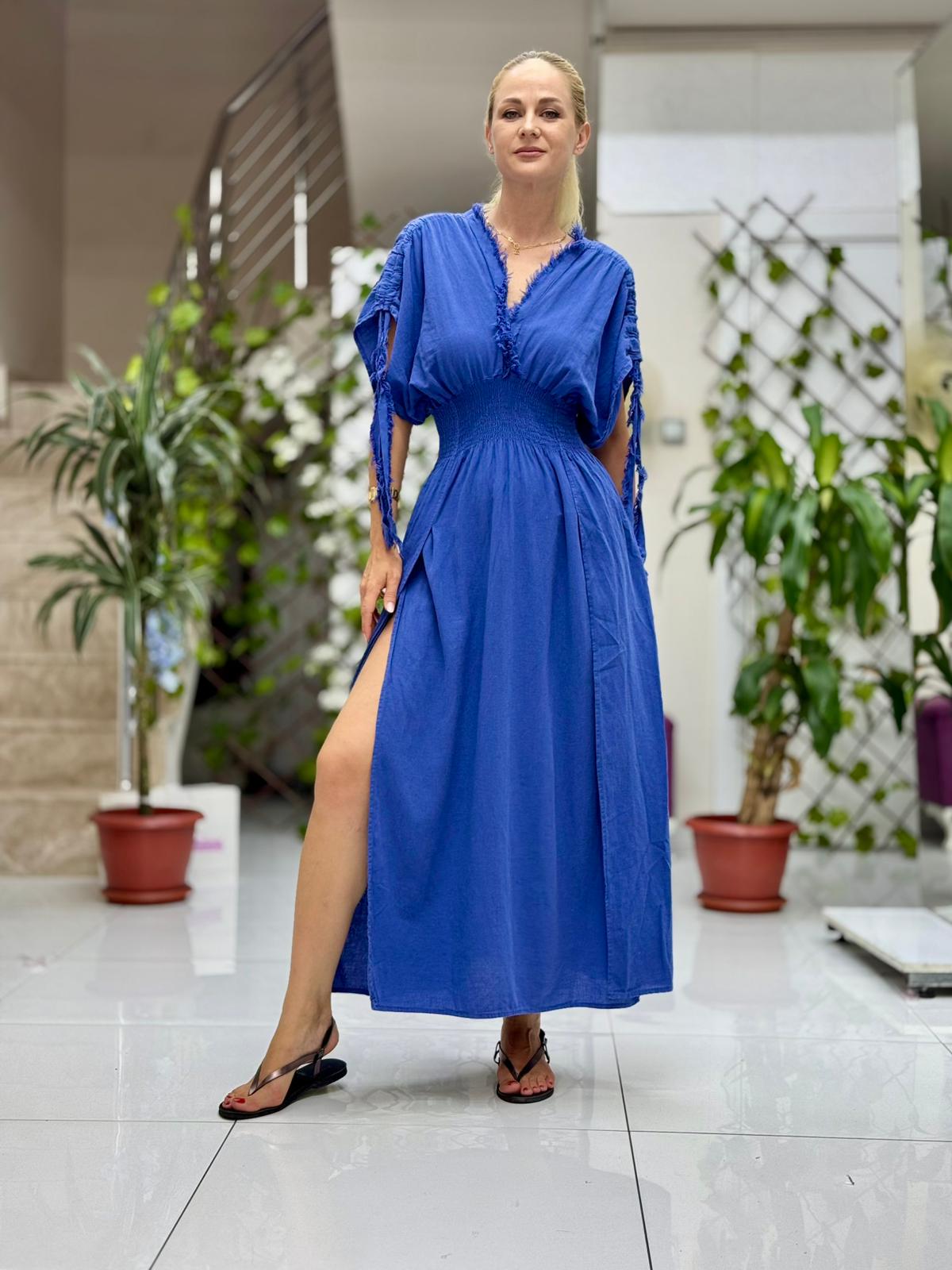PT242500 Beli Lastikli Yaka Omuz Püsküllü Derin Yırtmaçlı Coton Elbise Marin