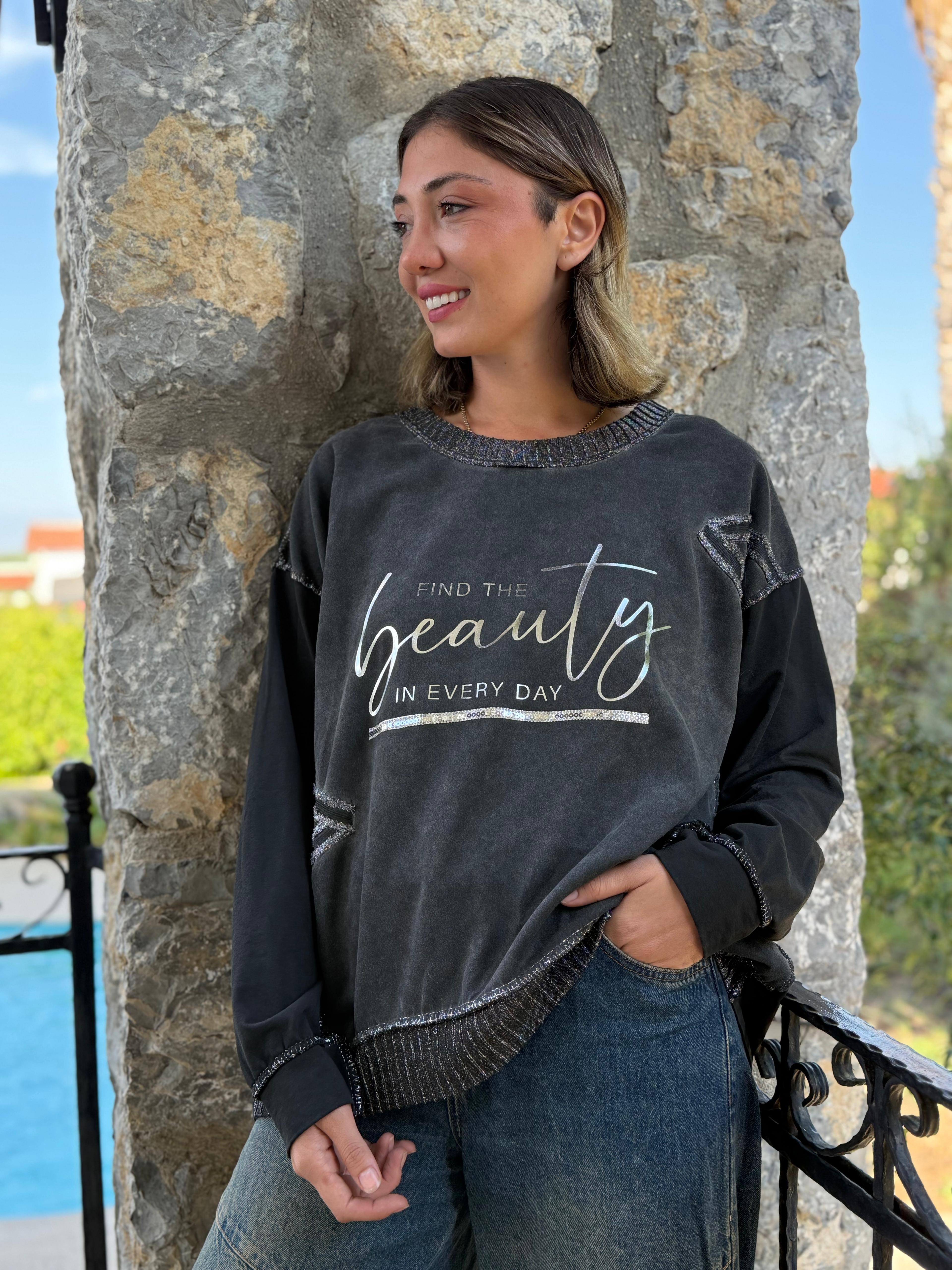 NC50793 İtalyan Beauty Yazılı Coton Sweatshirt Füme