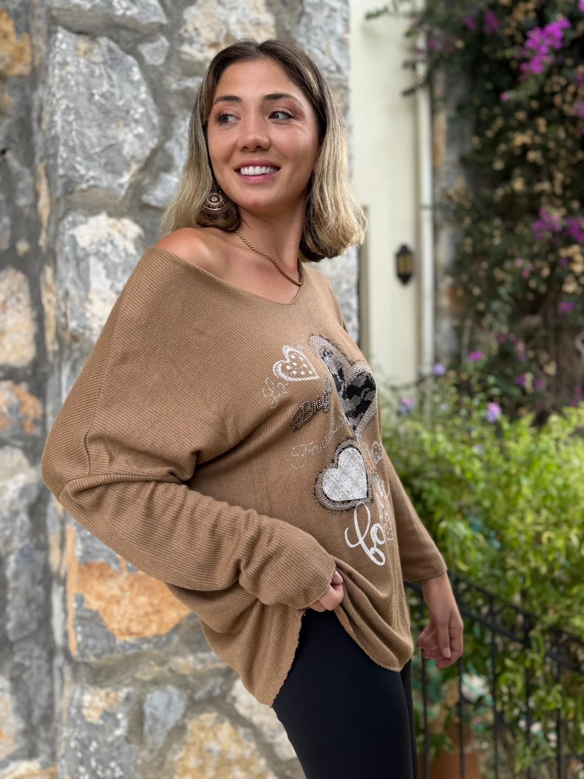 LS6211 İtalyan Kalp Desenli Triko Bluz Camel