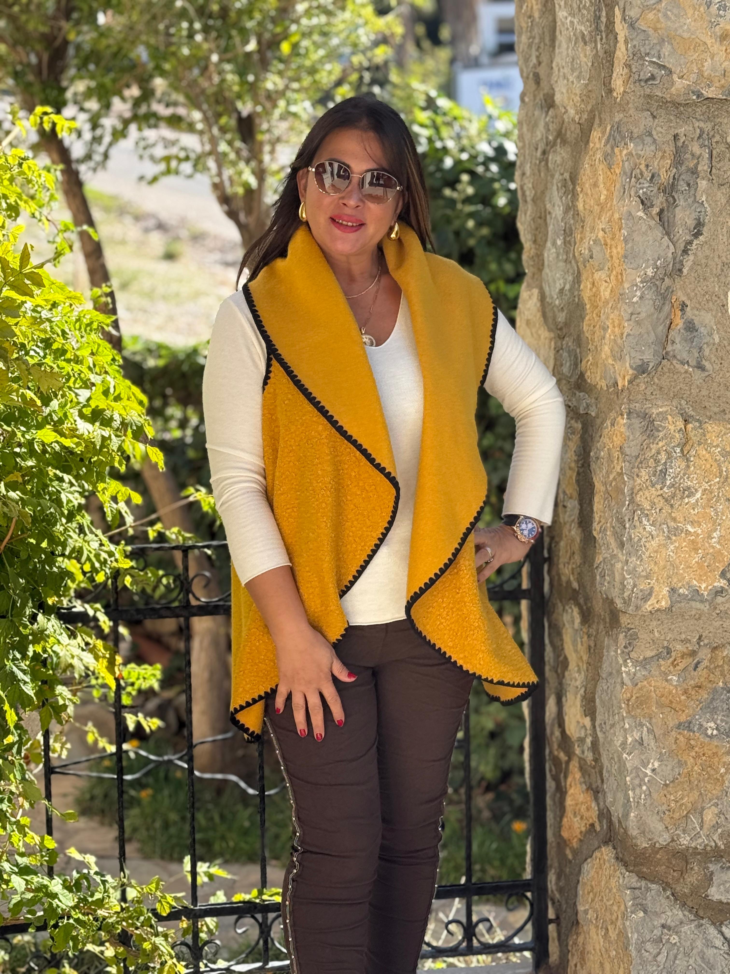 YG3698 Dökümlü İtalyan Buklet Yelek Hardal