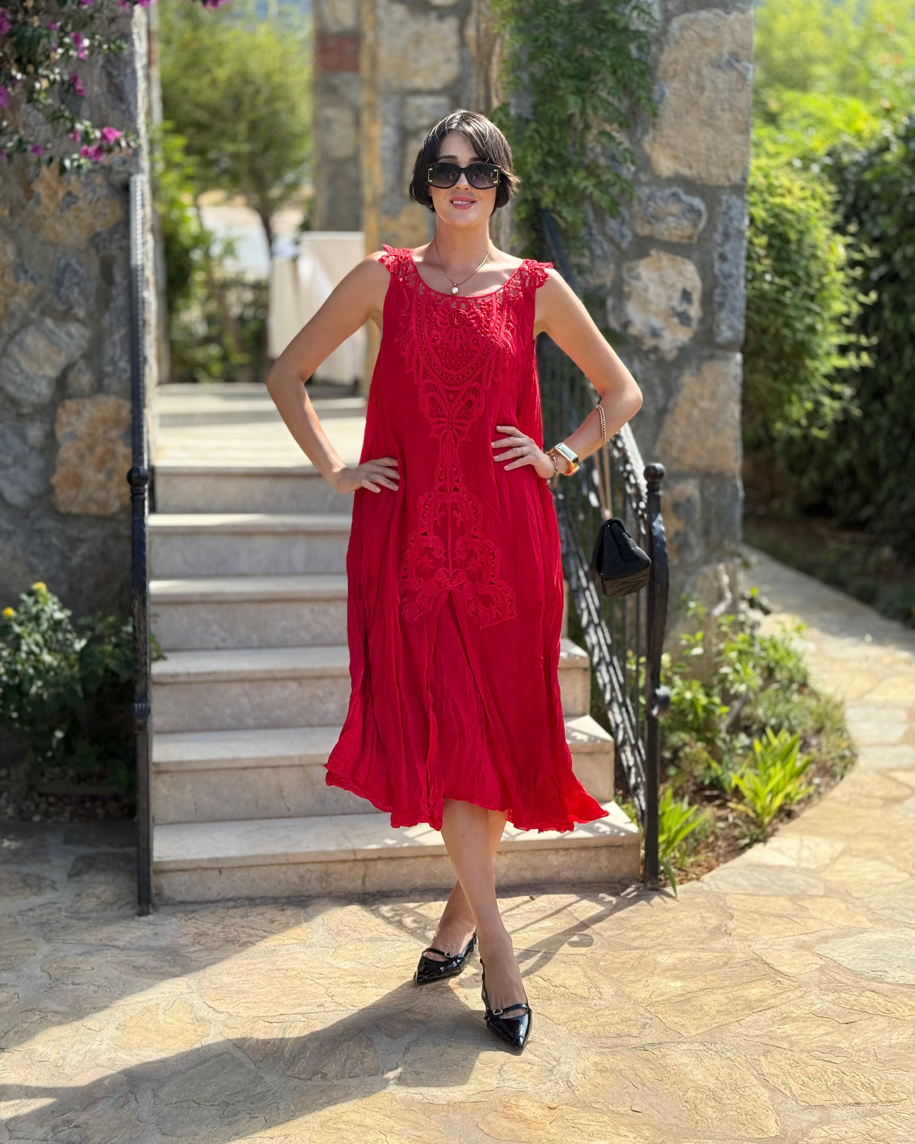 M1046 Vestido Voile Sin Mangas Rojo